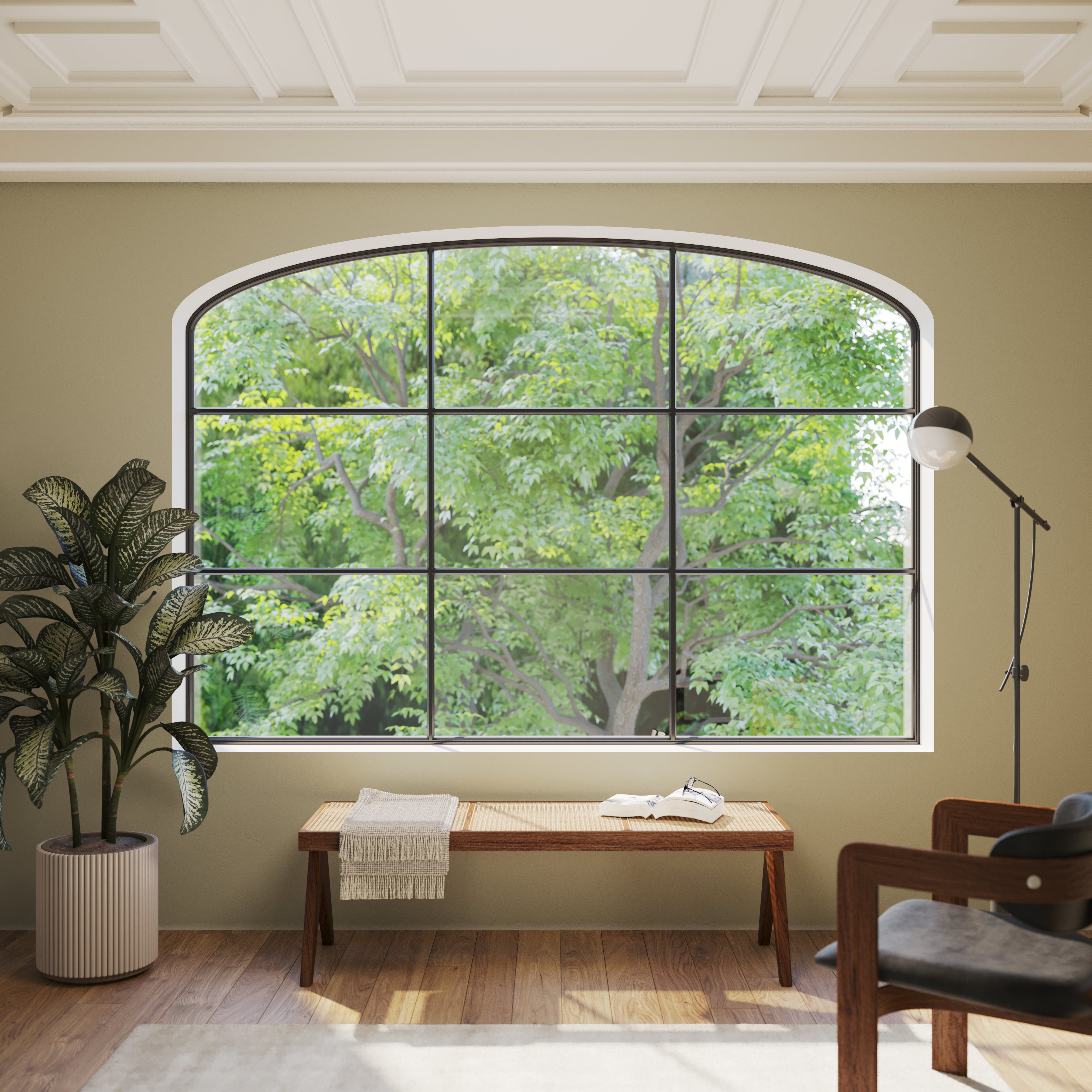 arched top steel window with horizontal glass panel and low-e glazing