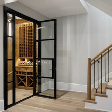 Load image into Gallery viewer, Interior Single Door with sidelights open on honeyed wood wine cellar.