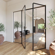 Modular double flat steel door with left side window and clean architectural lines.