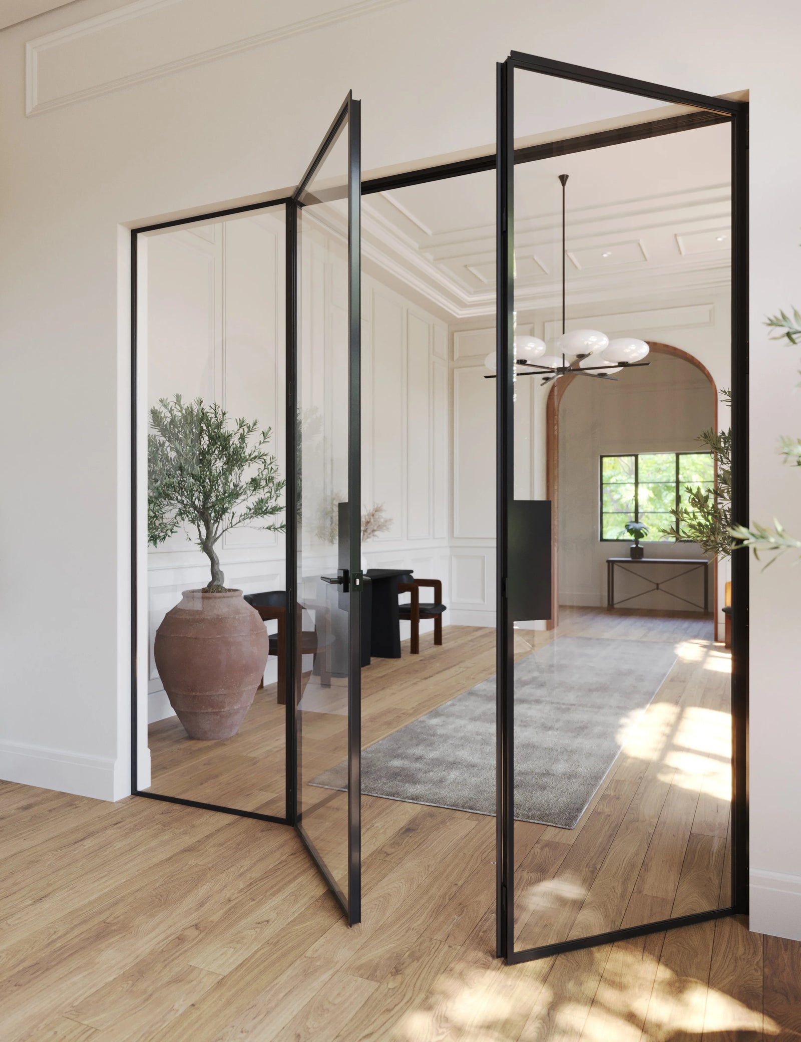Modular double flat steel door with left side window and clean architectural lines.