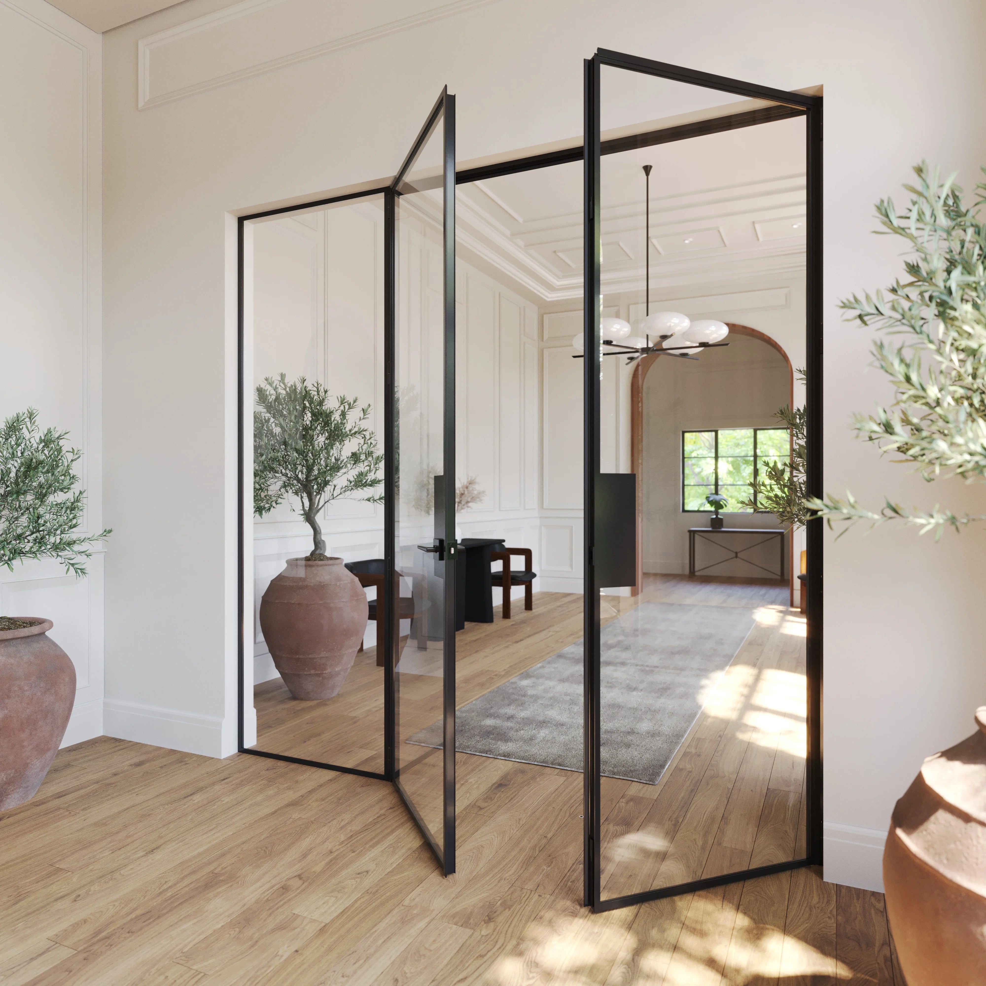 Modular double flat steel door with left side window and clean architectural lines.
