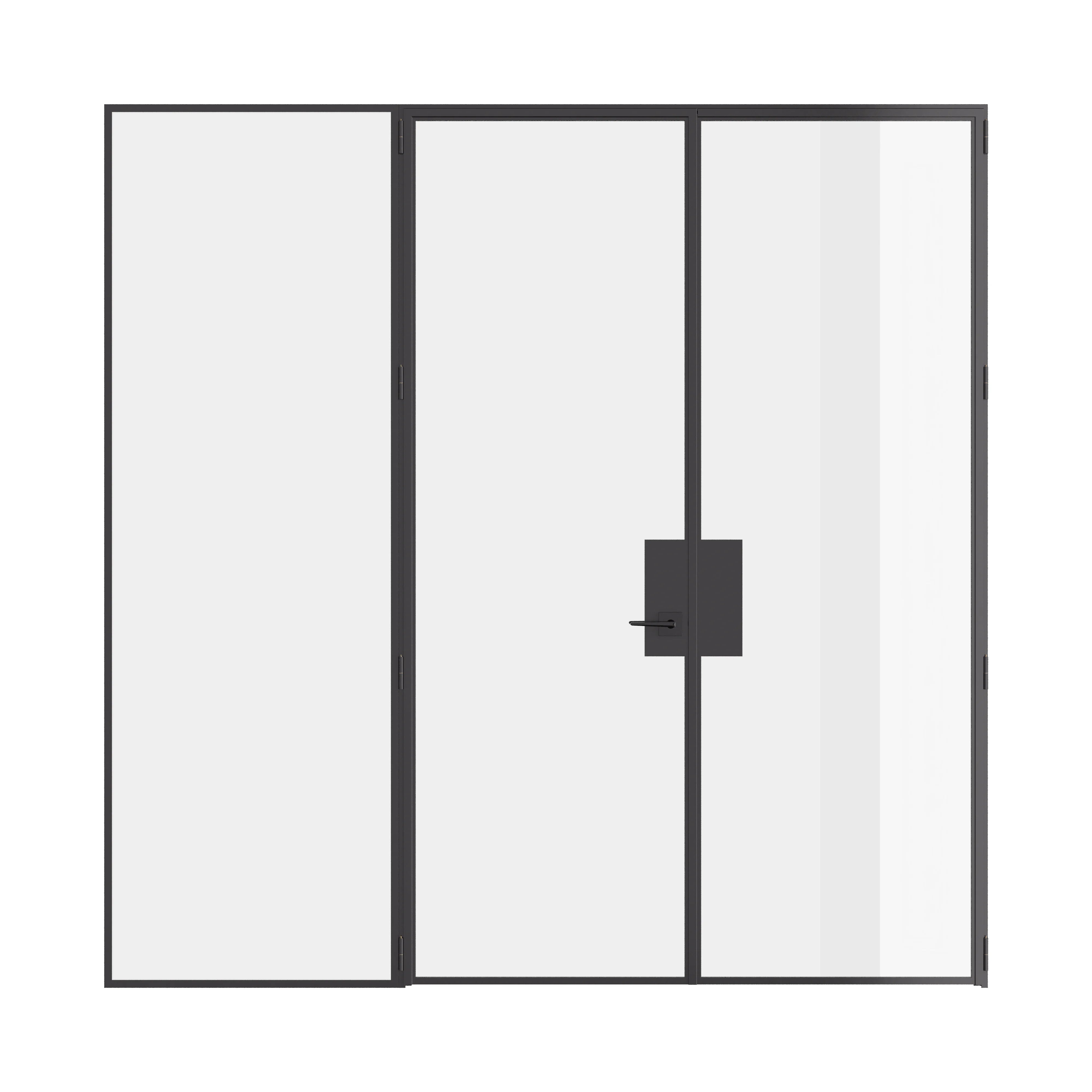 Pre-hung double flat steel door with left sidelight, built from solid hot-rolled steel with slim sightlines.