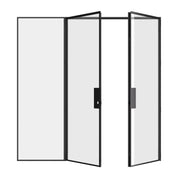Solid steel double door with left glass panel and minimalist proportions.