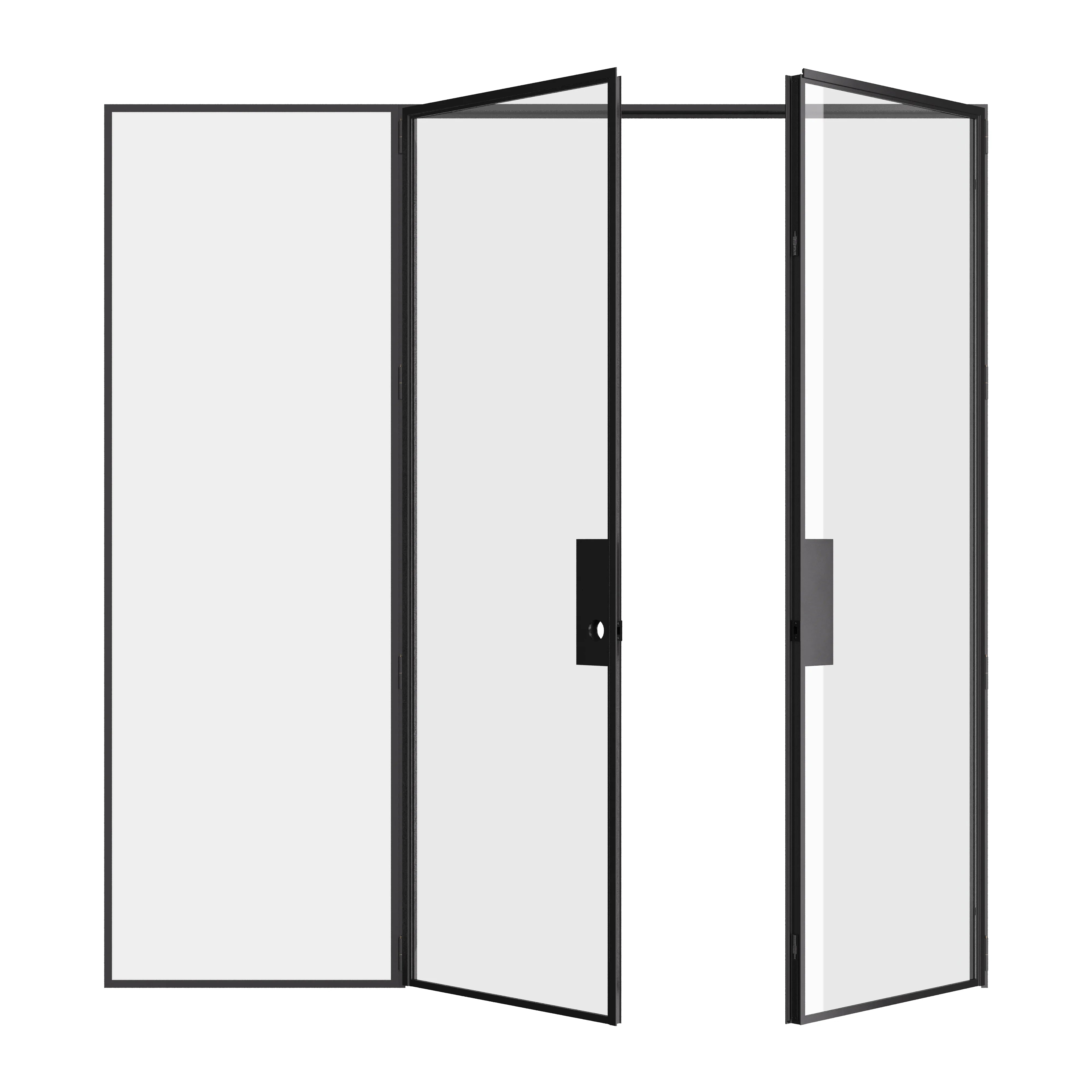 Solid steel double door with left glass panel and minimalist proportions.