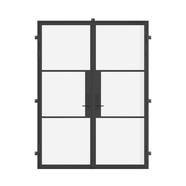 Air 4 double flat exterior steel doors with slim black frame and clear glass