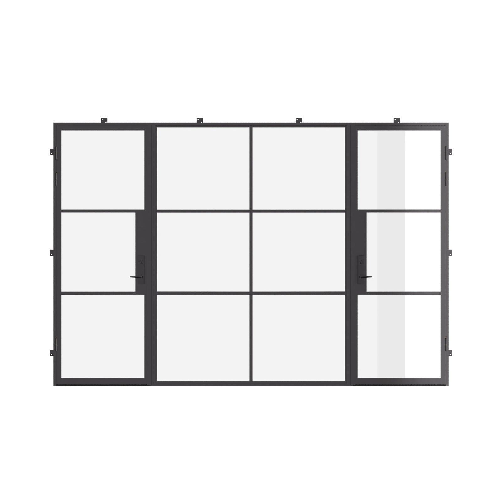 Air 4 architectural steel dual single doors with middle fixed panel, flat top and dual pane tempered glass