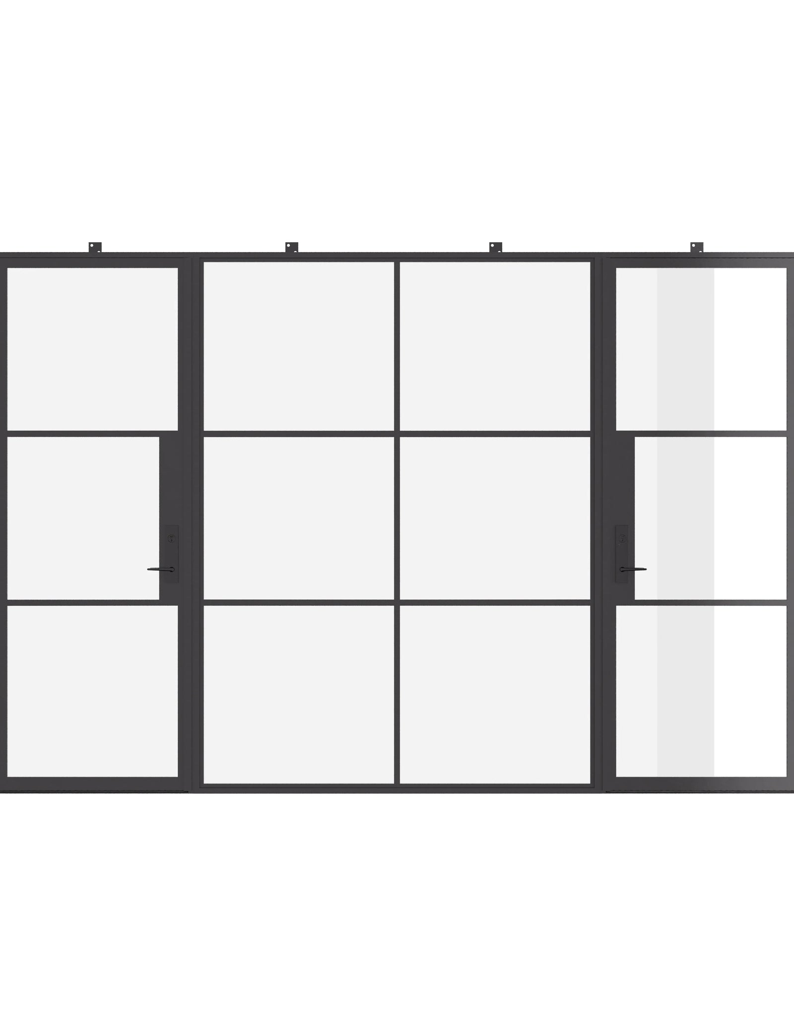 Air 4 architectural steel dual single doors with middle fixed panel, flat top and dual pane tempered glass