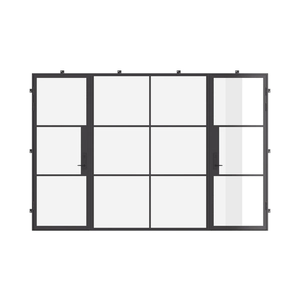 Air 4 architectural steel dual single doors with middle fixed panel, flat top and dual pane tempered glass
