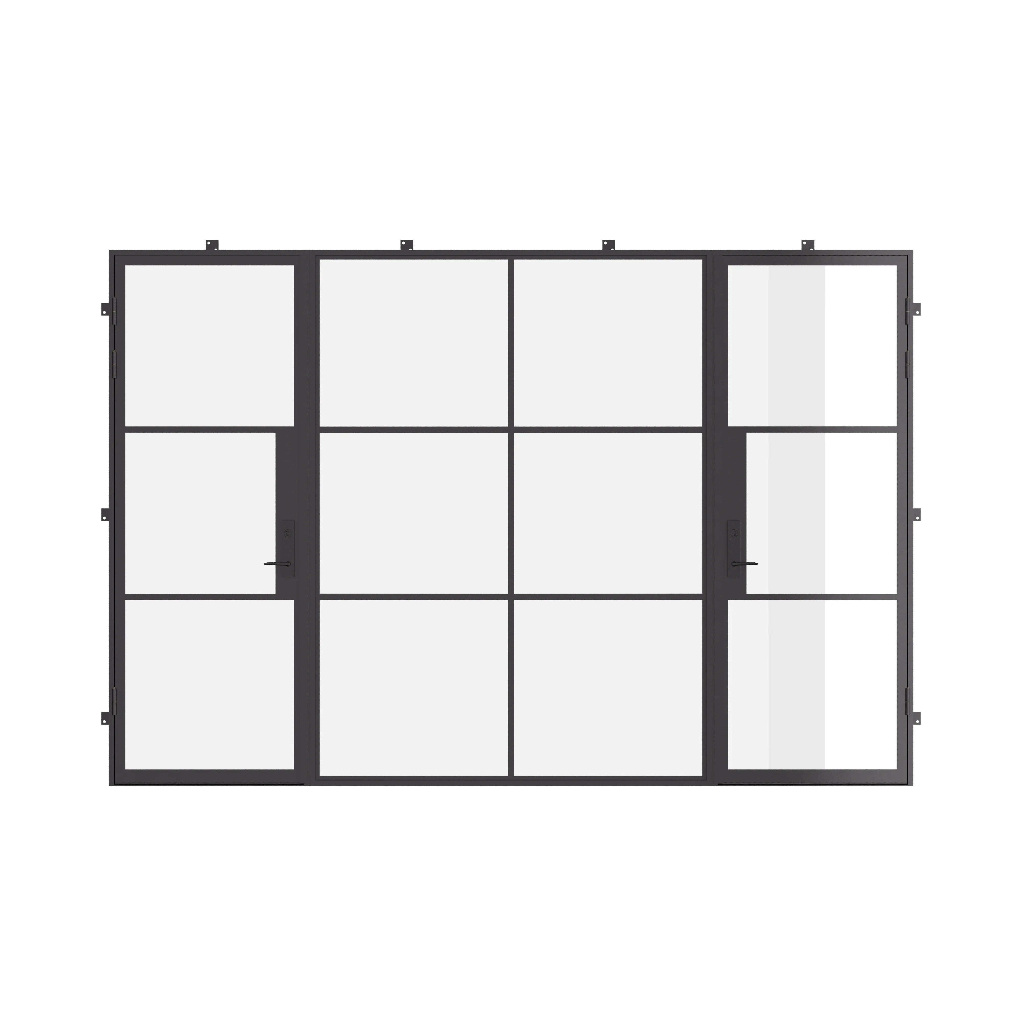 Air 4 dual single doors with center fixed panel, flat top steel frames and clear glass