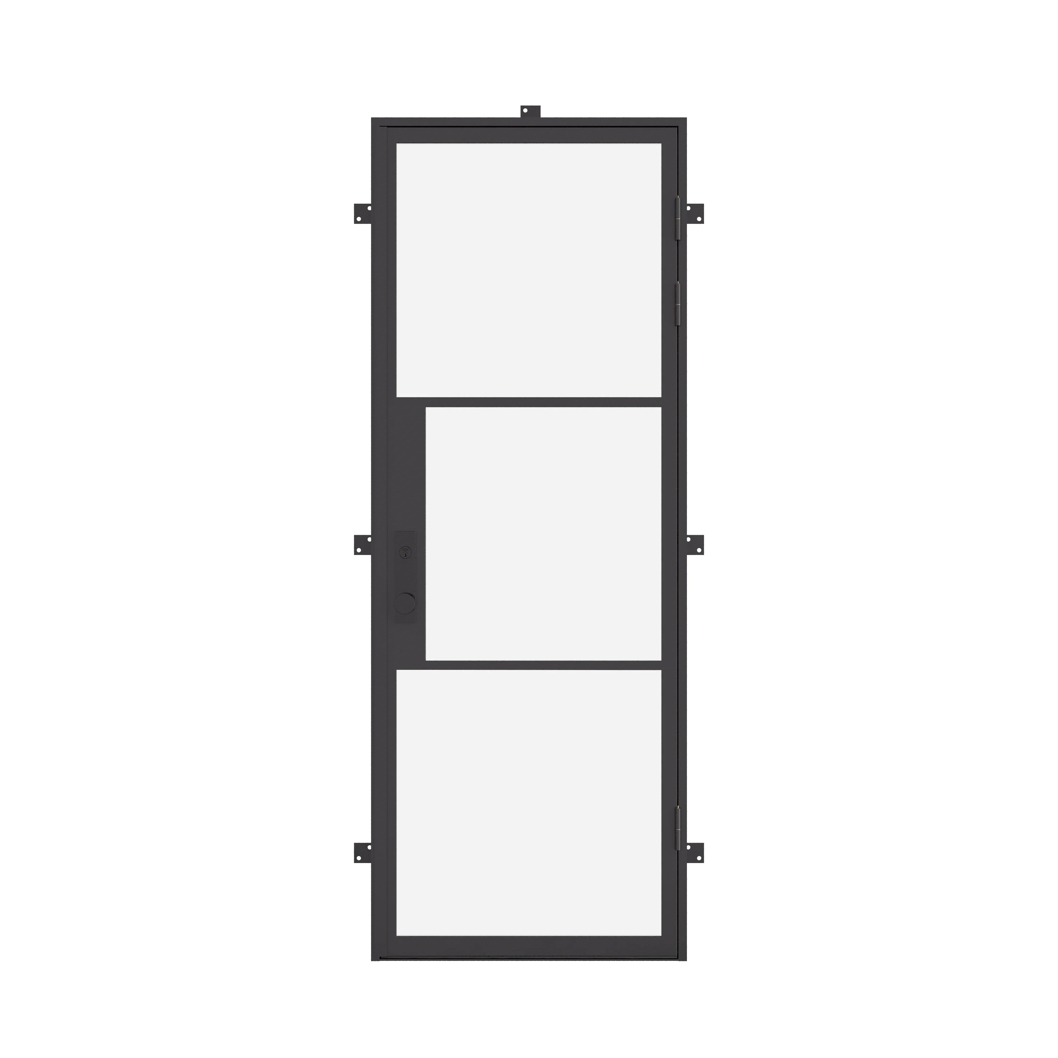 Air 4 single flat exterior steel door with slim black frame and tempered glass