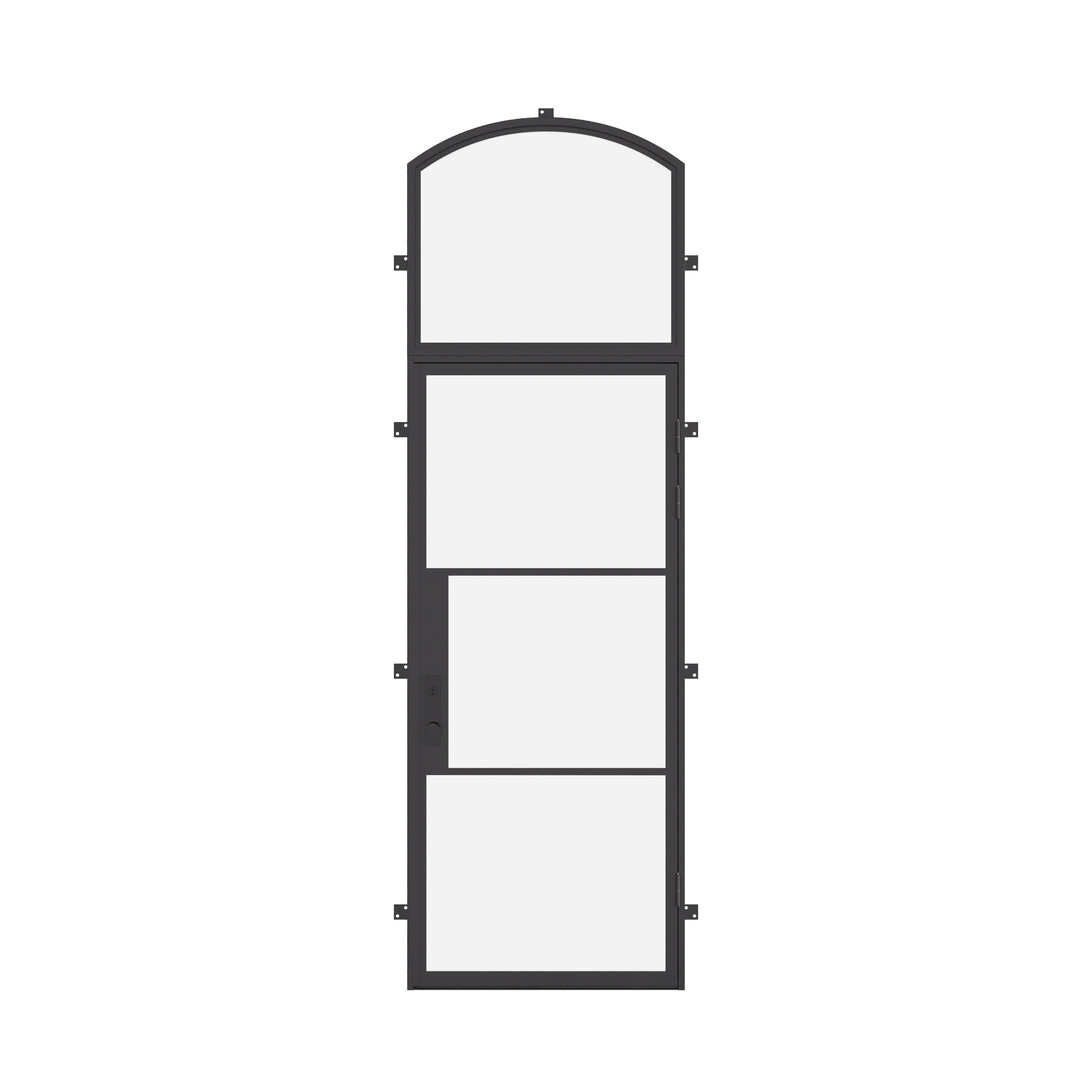 Single flat steel door with arched top window and thermal break