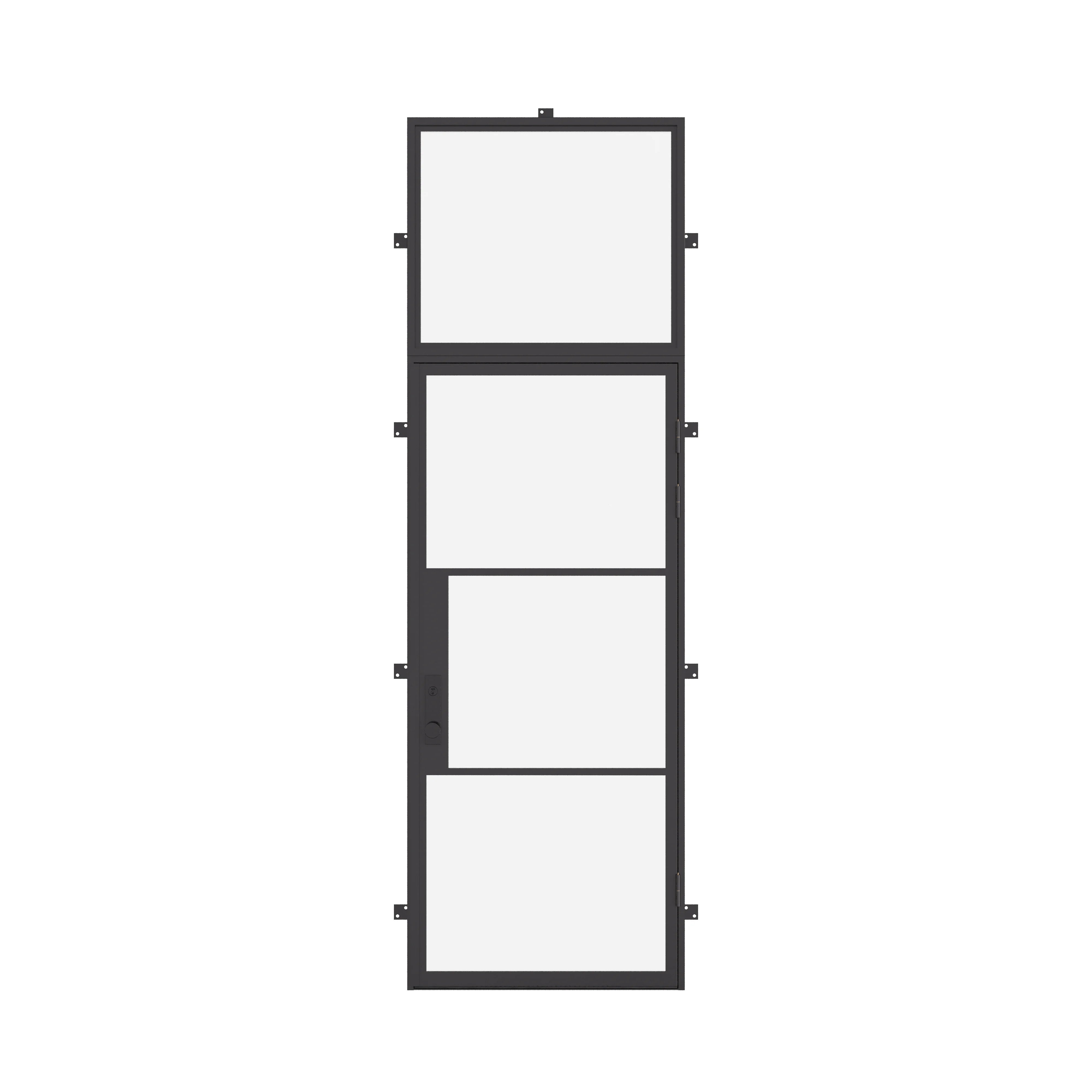 Single flat steel exterior door with flat transom window and thermal break