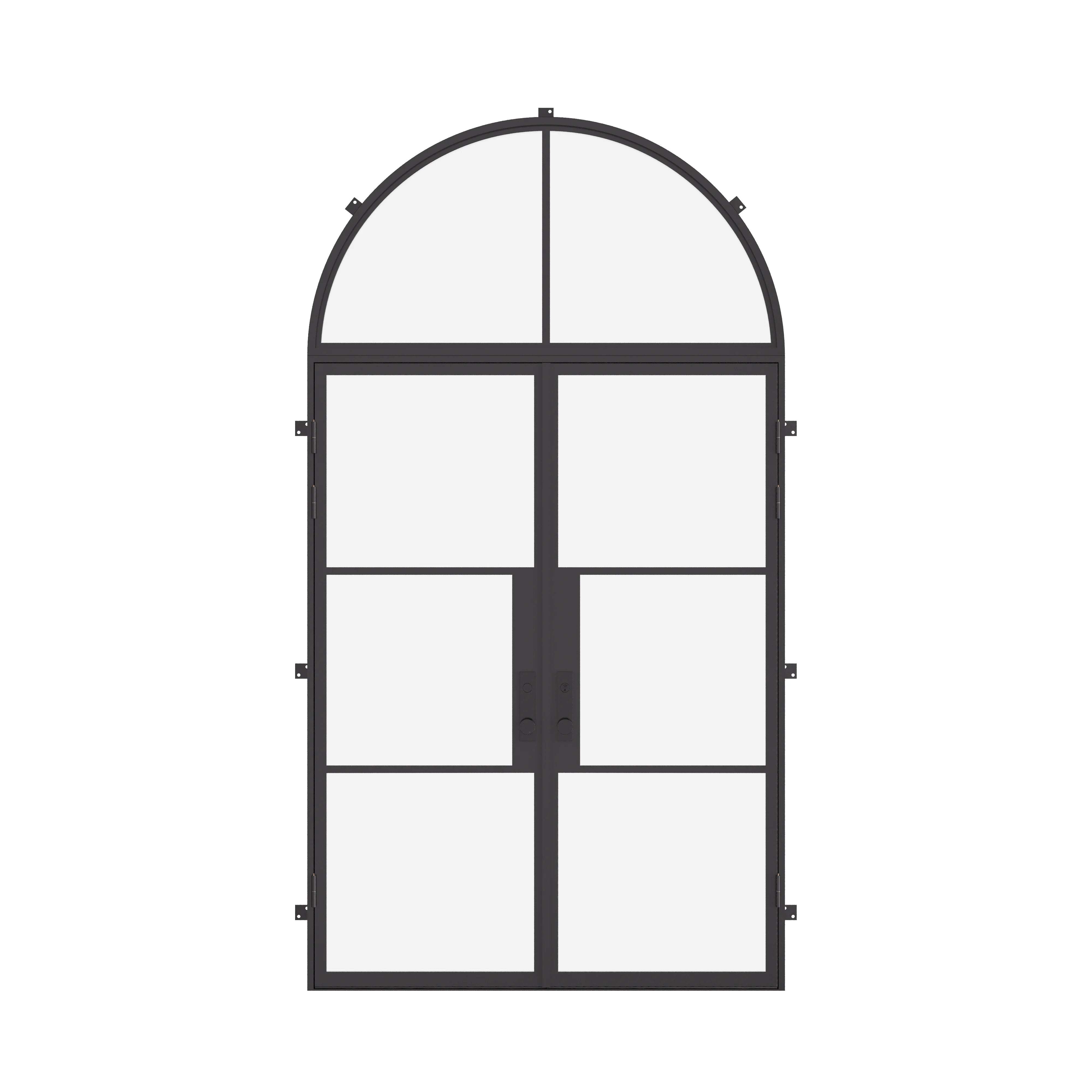 Double flat steel exterior door with full arch transom and insulation