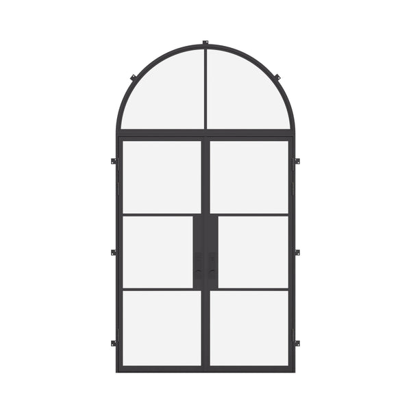 Double flat steel exterior door with full arch transom and insulation