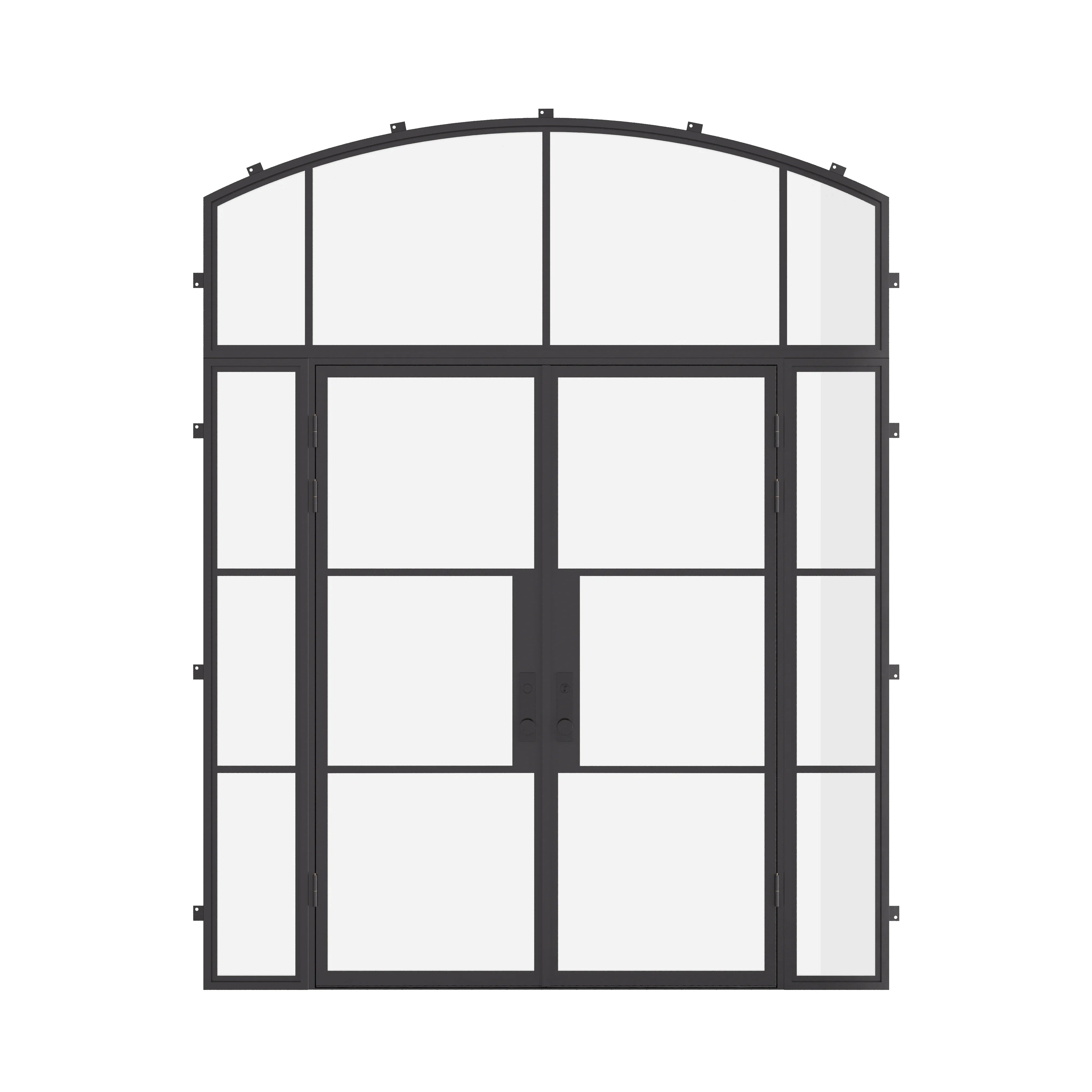 Air 4 architectural steel double flat door with sidelights and arch top window