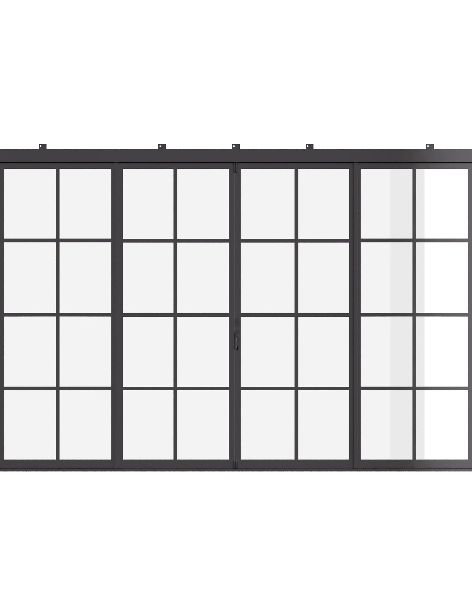 Air 5 exterior center split bi-fold door in cold-rolled steel with tempered glass panels