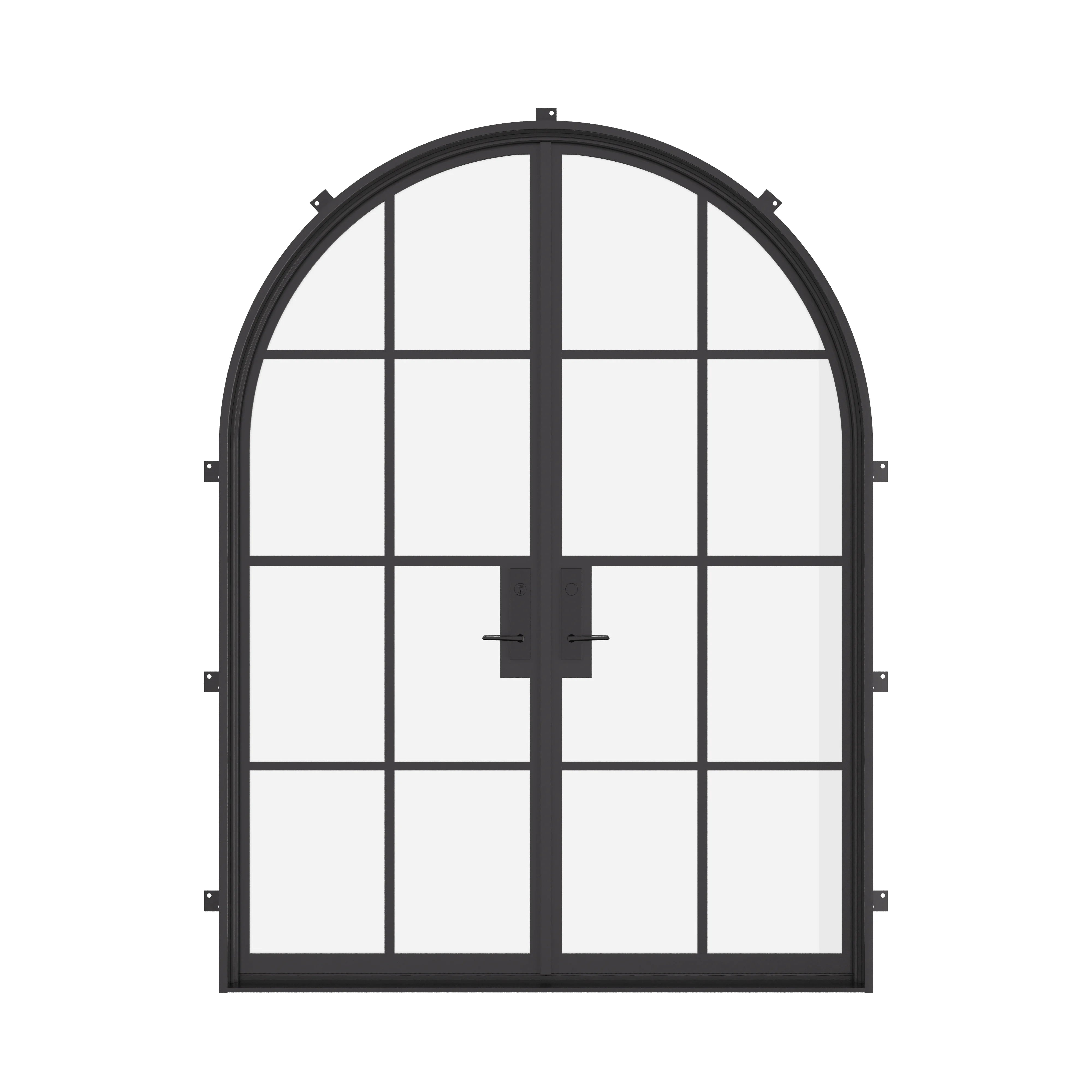 Double full arch exterior steel door, pre-hung with dual-pane glass