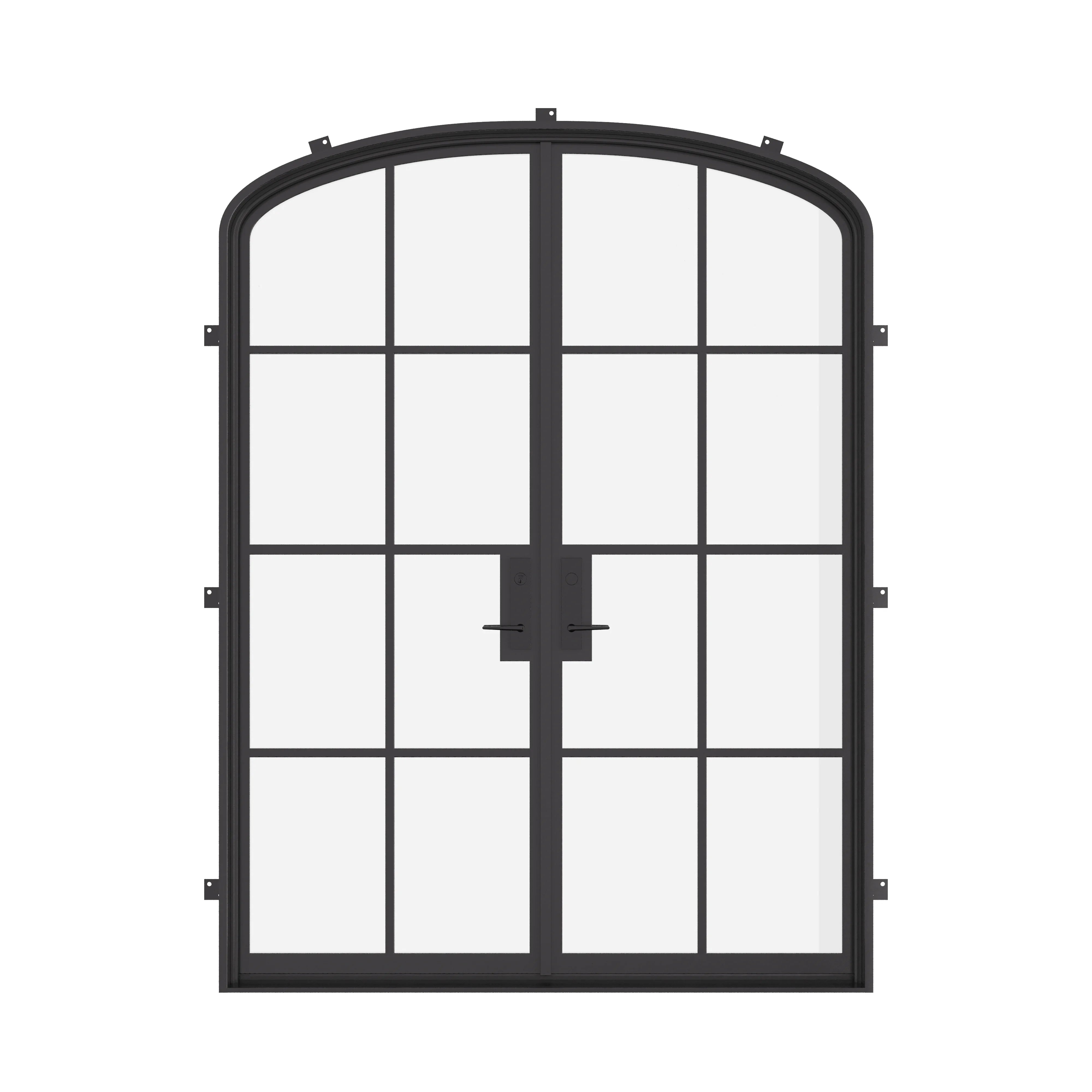Double mini arch exterior steel door, pre-hung with tempered glass