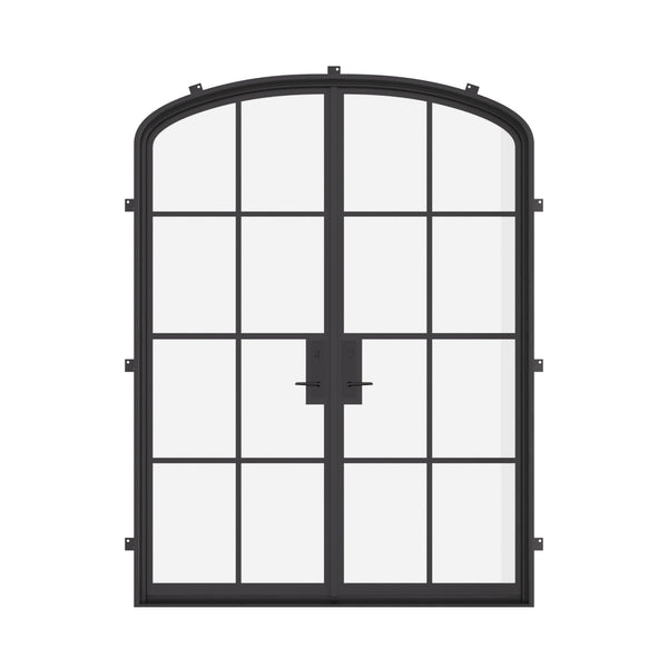 Double mini arch exterior steel door, pre-hung with tempered glass