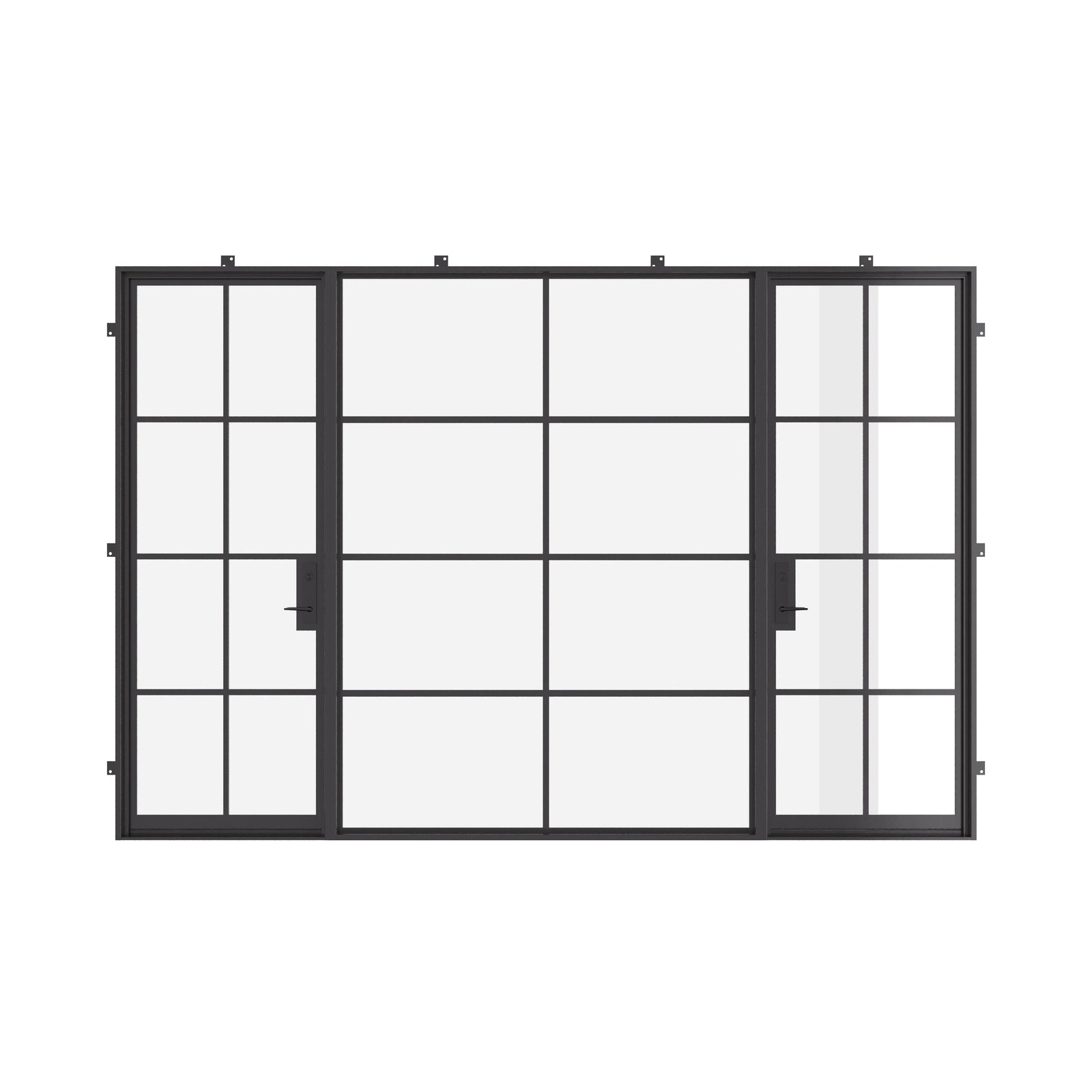 Dual single architectural steel doors with middle glass panel and cold-rolled frame