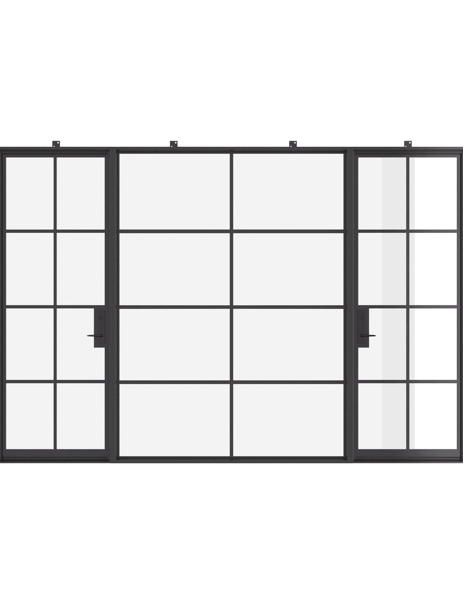 Dual single architectural steel doors with middle glass panel and cold-rolled frame