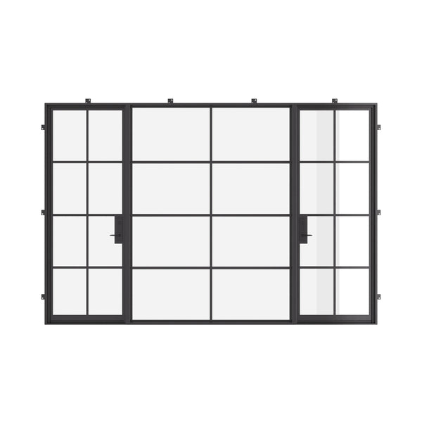 Dual single architectural steel doors with middle glass panel and cold-rolled frame