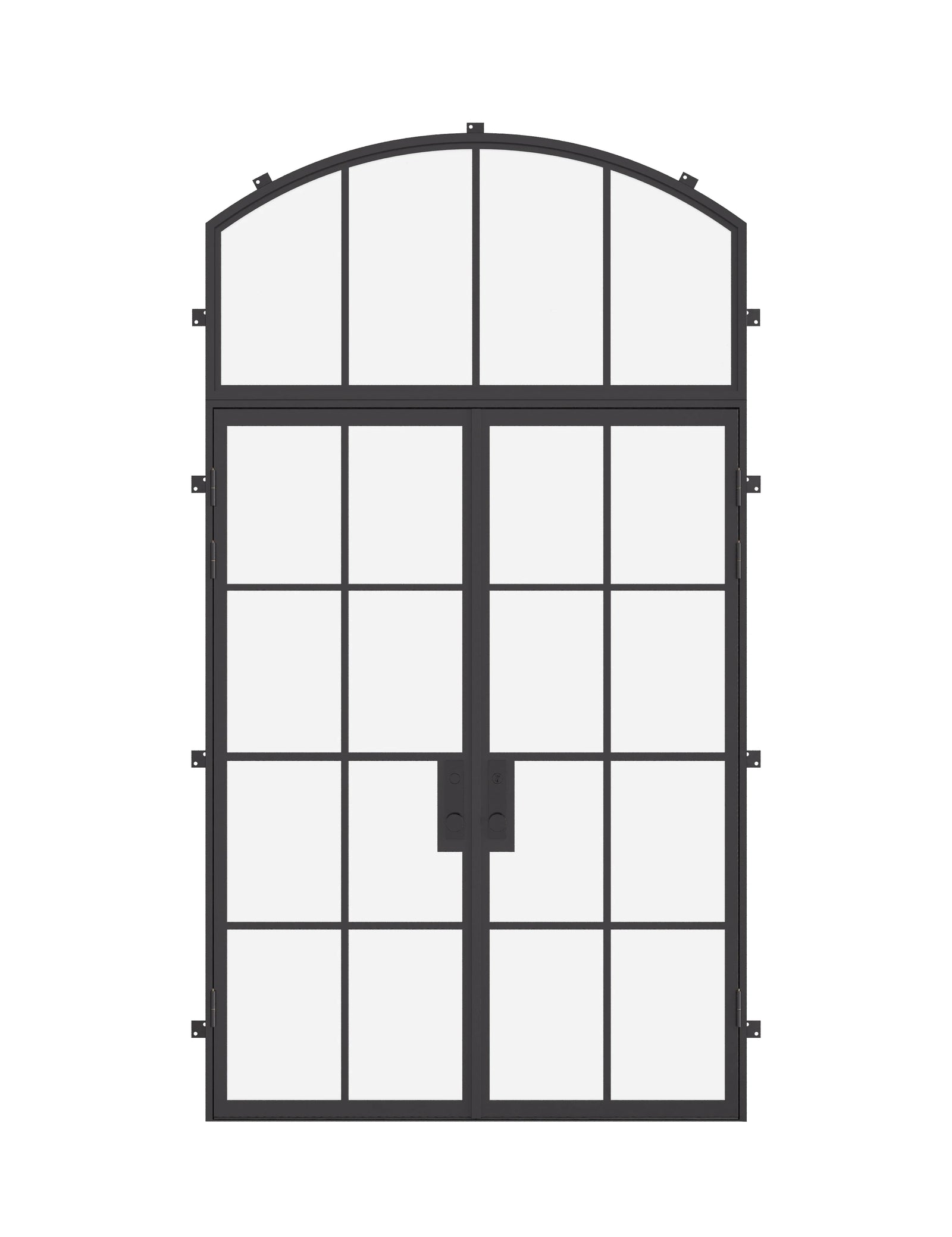 Double flat steel entry doors with arched transom window, prehung architectural cold-rolled steel