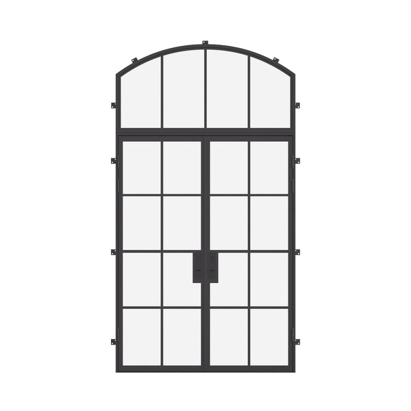 Double flat steel entry doors with arched transom window, prehung architectural cold-rolled steel