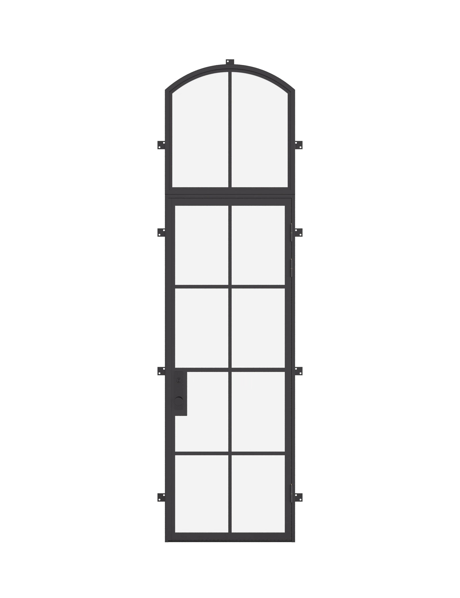 Single flat steel entry door with arch top window, architectural cold-rolled steel and dual-pane tempered glass