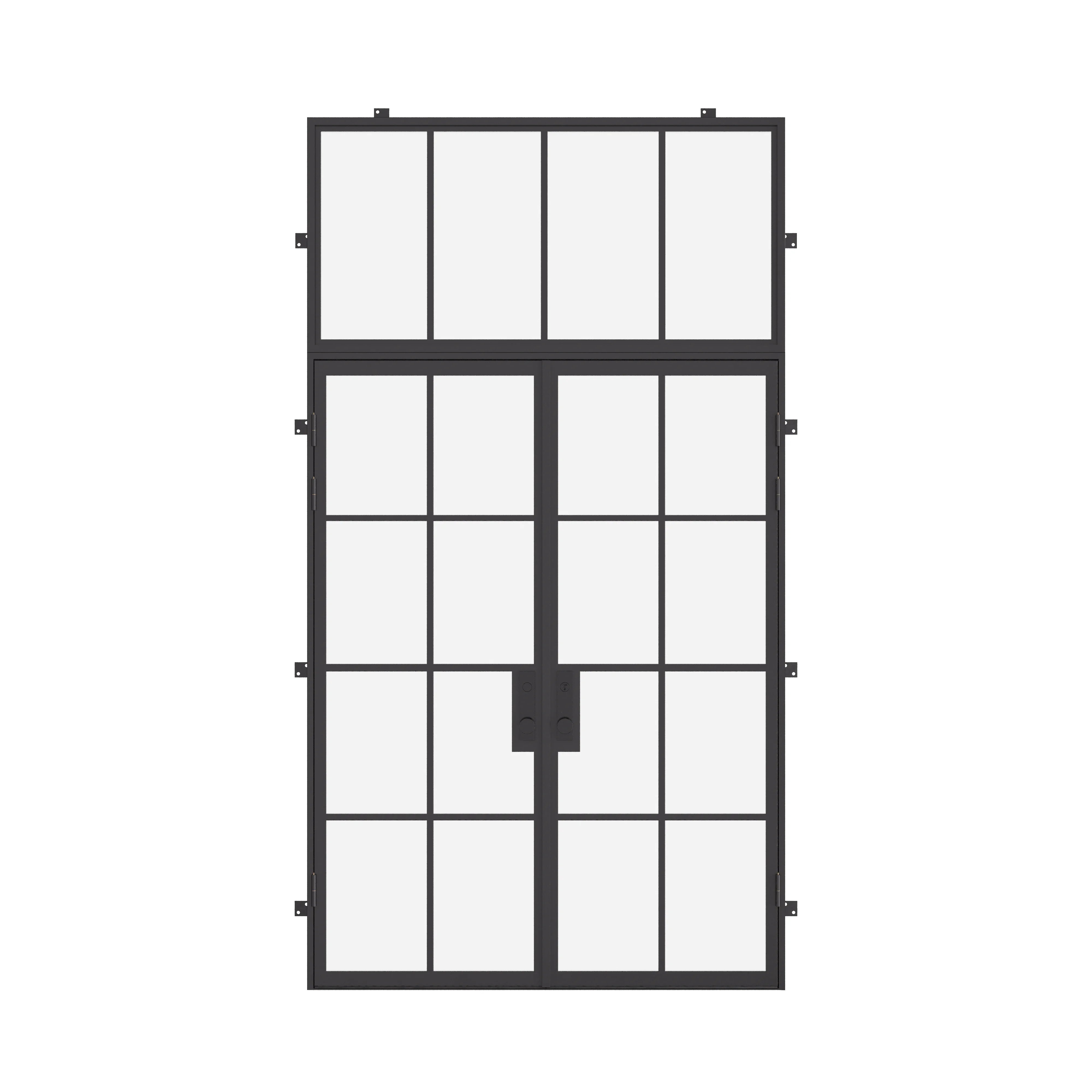 Double flat steel entry door with transom window, NFRC-rated architectural design