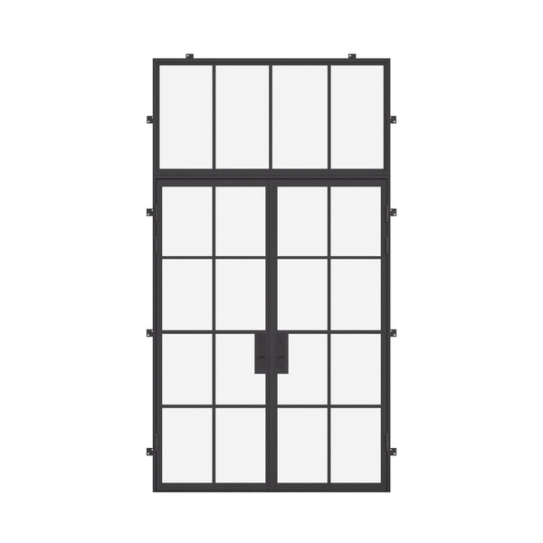 Double flat steel entry door with transom window, NFRC-rated architectural design