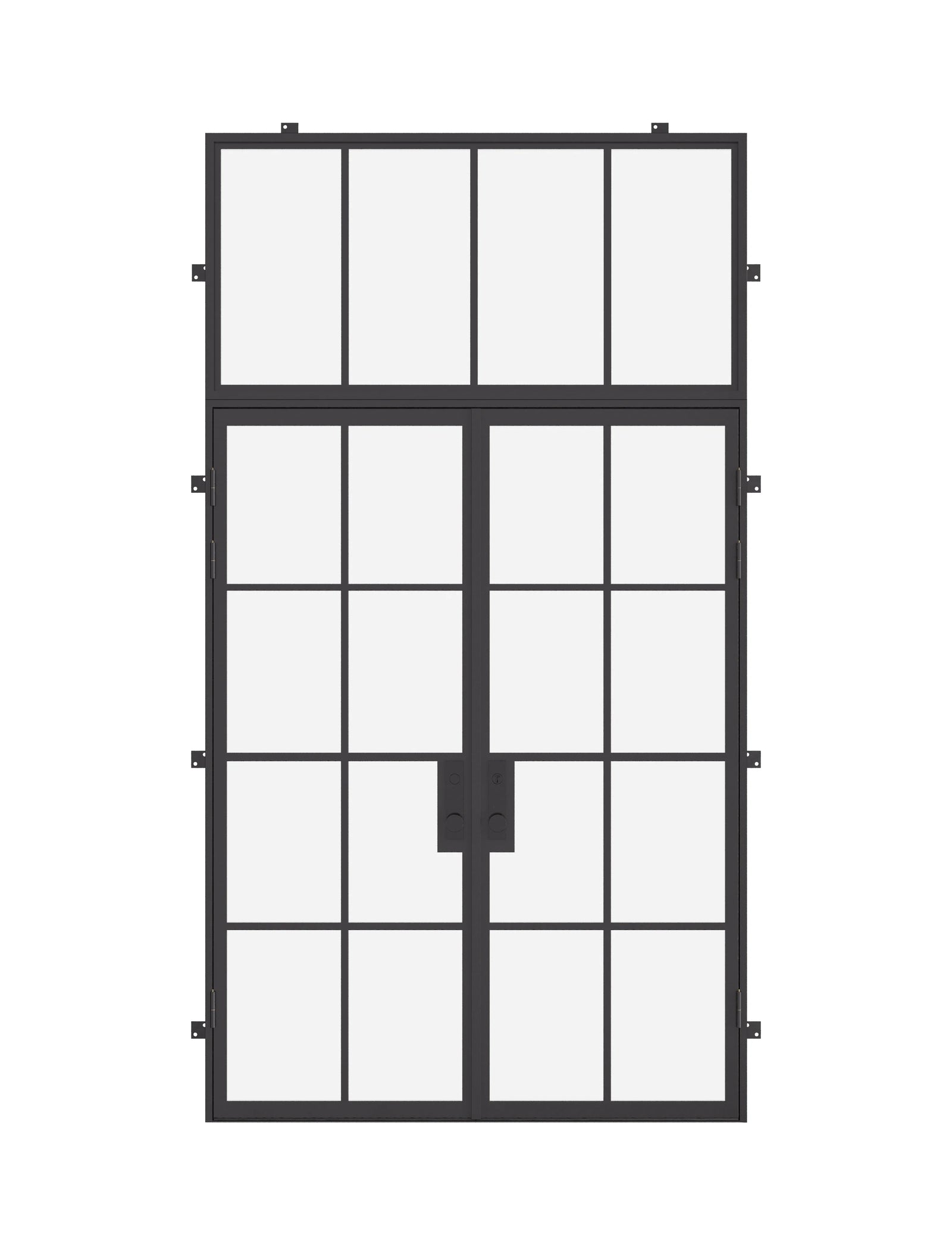 Double flat exterior steel door with transom, dual-pane glass