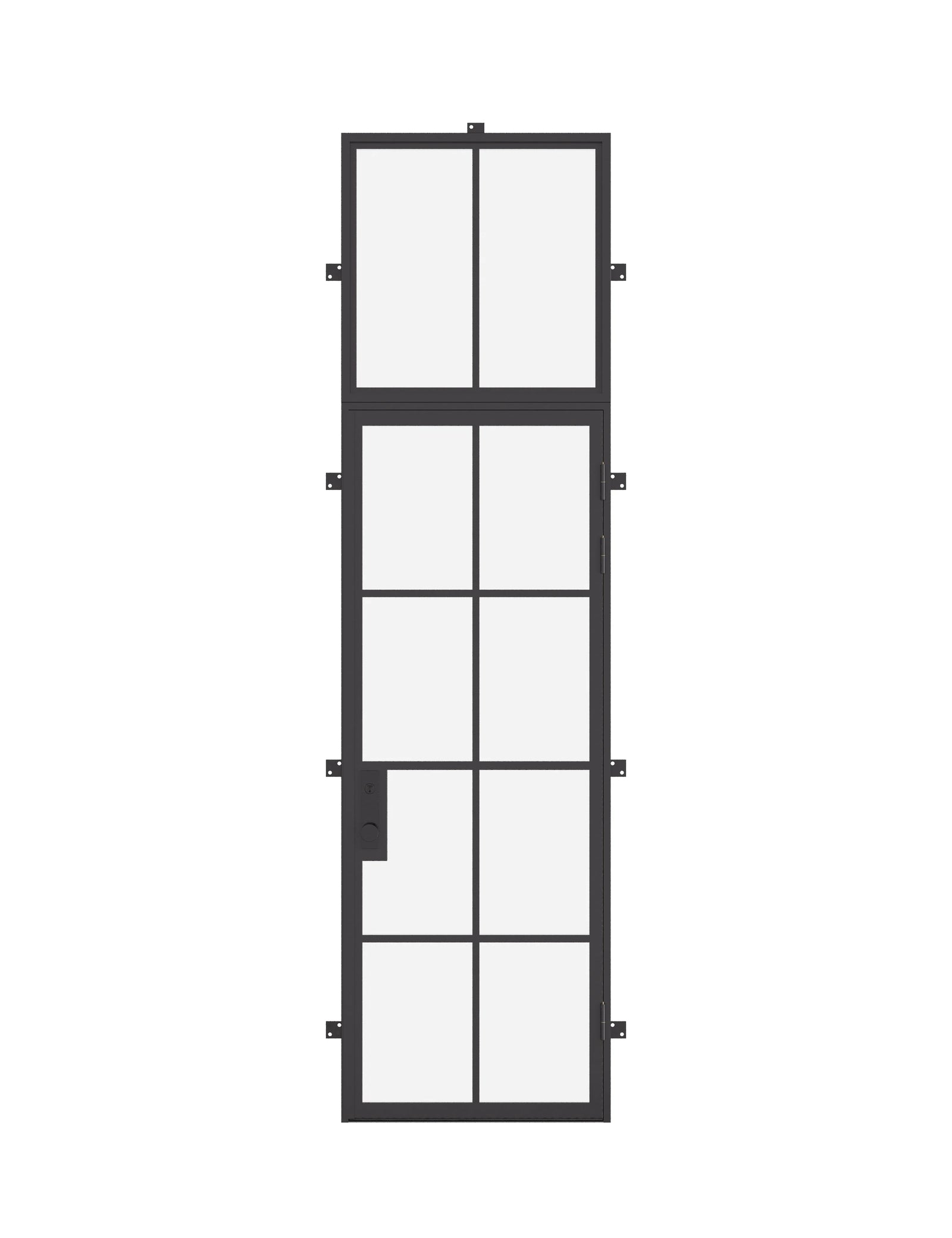 Single flat steel entry door with flat transom window, architectural cold-rolled steel and tempered glass