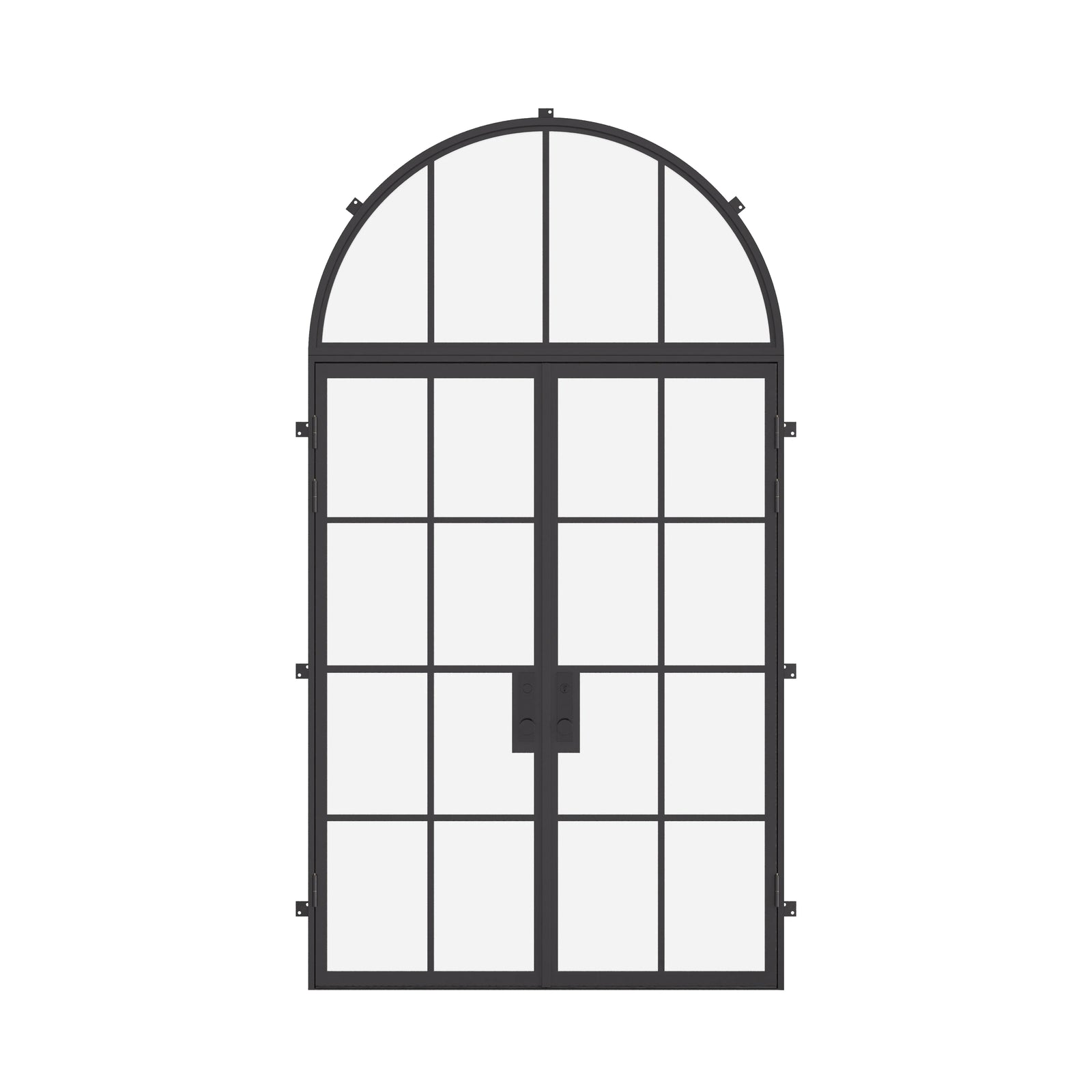 Double flat steel entry doors with full arch transom window, NFRC rated architectural cold-rolled steel
