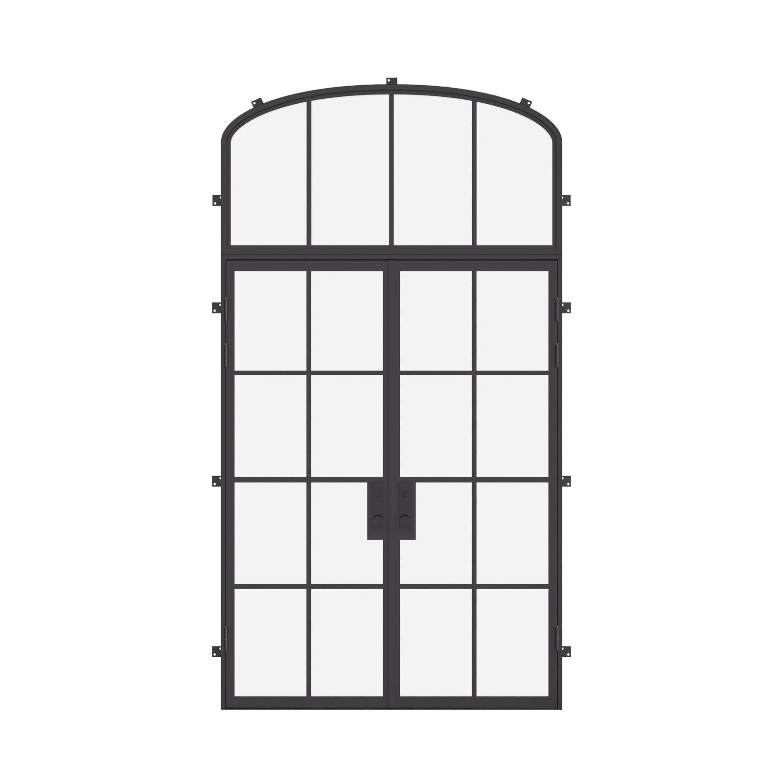 Double flat steel entry doors with mini arch transom window, architectural cold-rolled steel and dual-pane glass