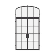 Double flat steel entry doors with mini arch transom window, architectural cold-rolled steel and dual-pane glass