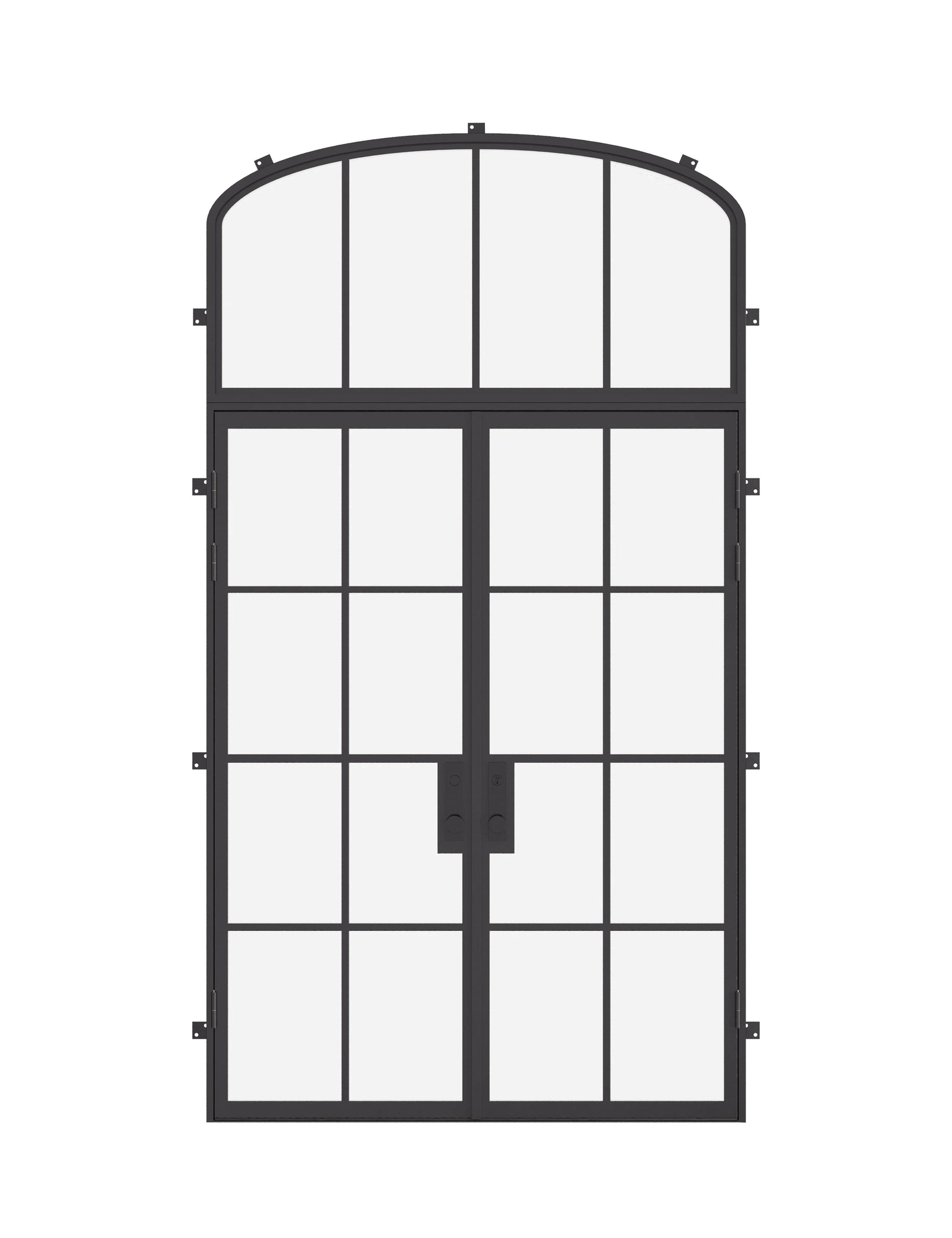 Double flat steel entry doors with mini arch transom window, architectural cold-rolled steel and dual-pane glass