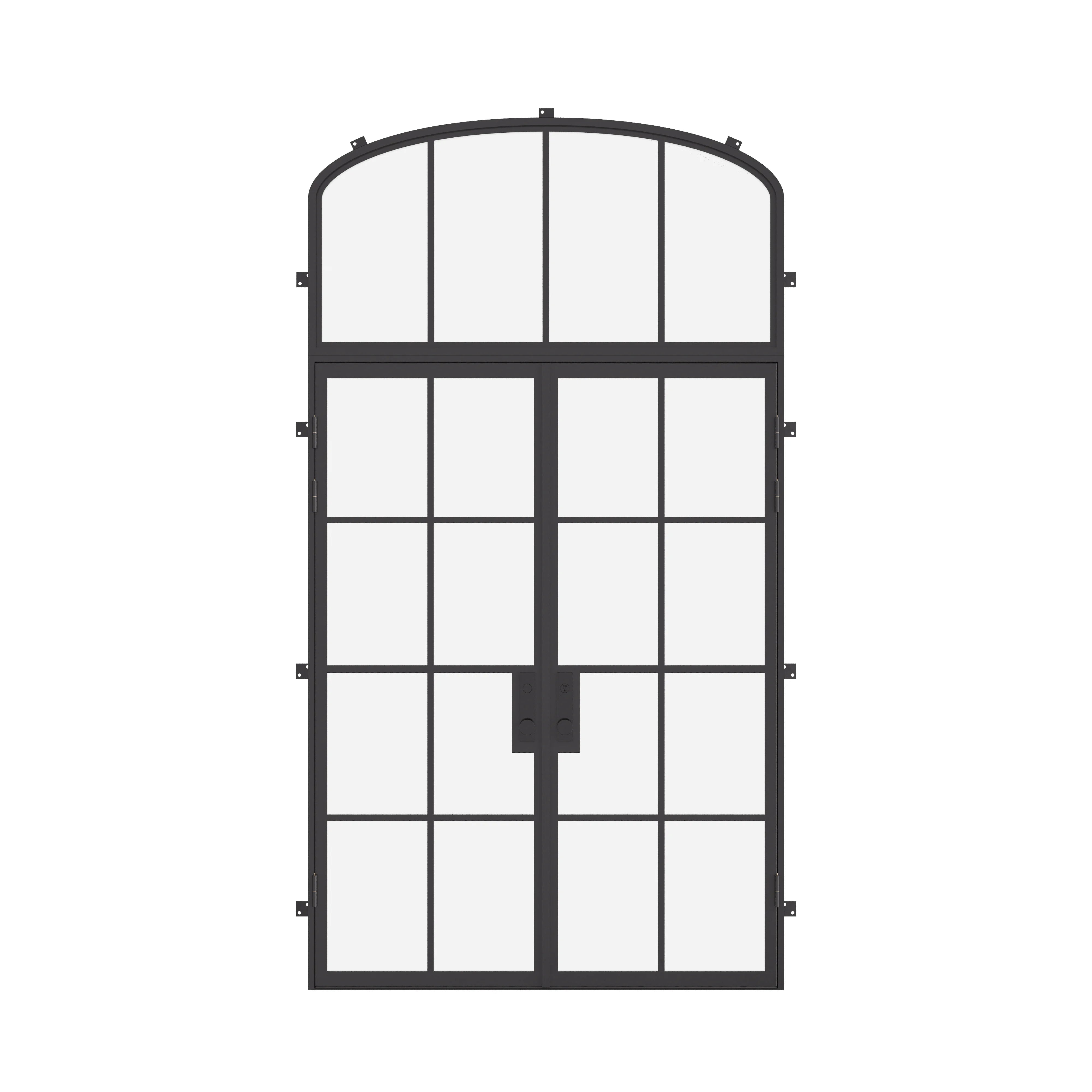 Double flat steel entry doors with mini arch transom window, architectural cold-rolled steel and dual-pane glass