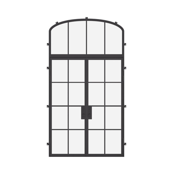 Double flat steel entry doors with mini arch transom window, architectural cold-rolled steel and dual-pane glass