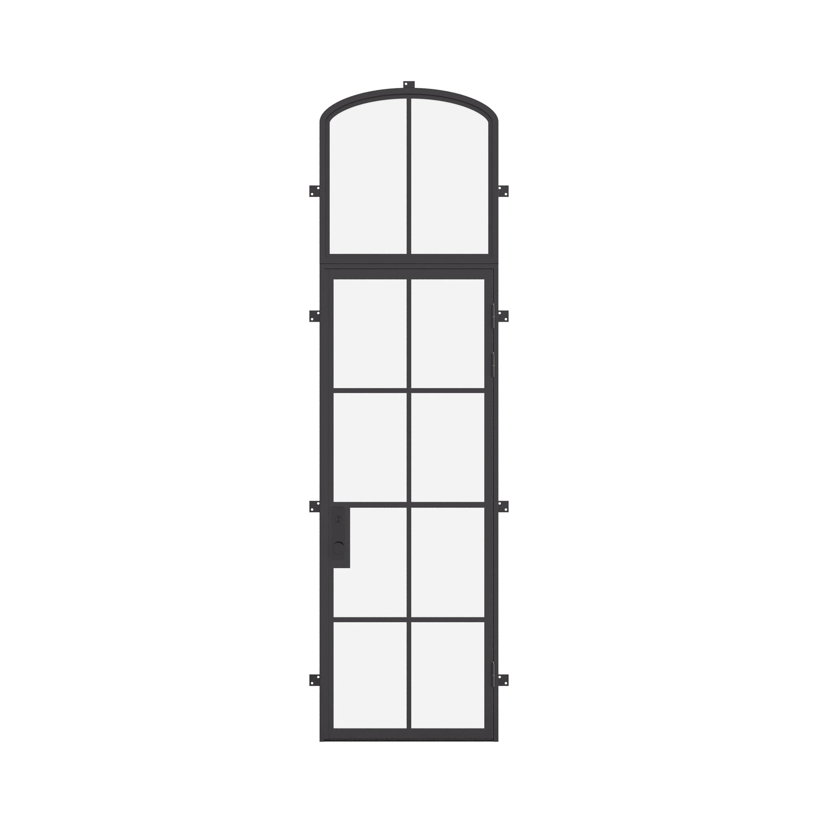 Single flat steel entry door with mini arch transom window, architectural cold-rolled steel and tempered glass