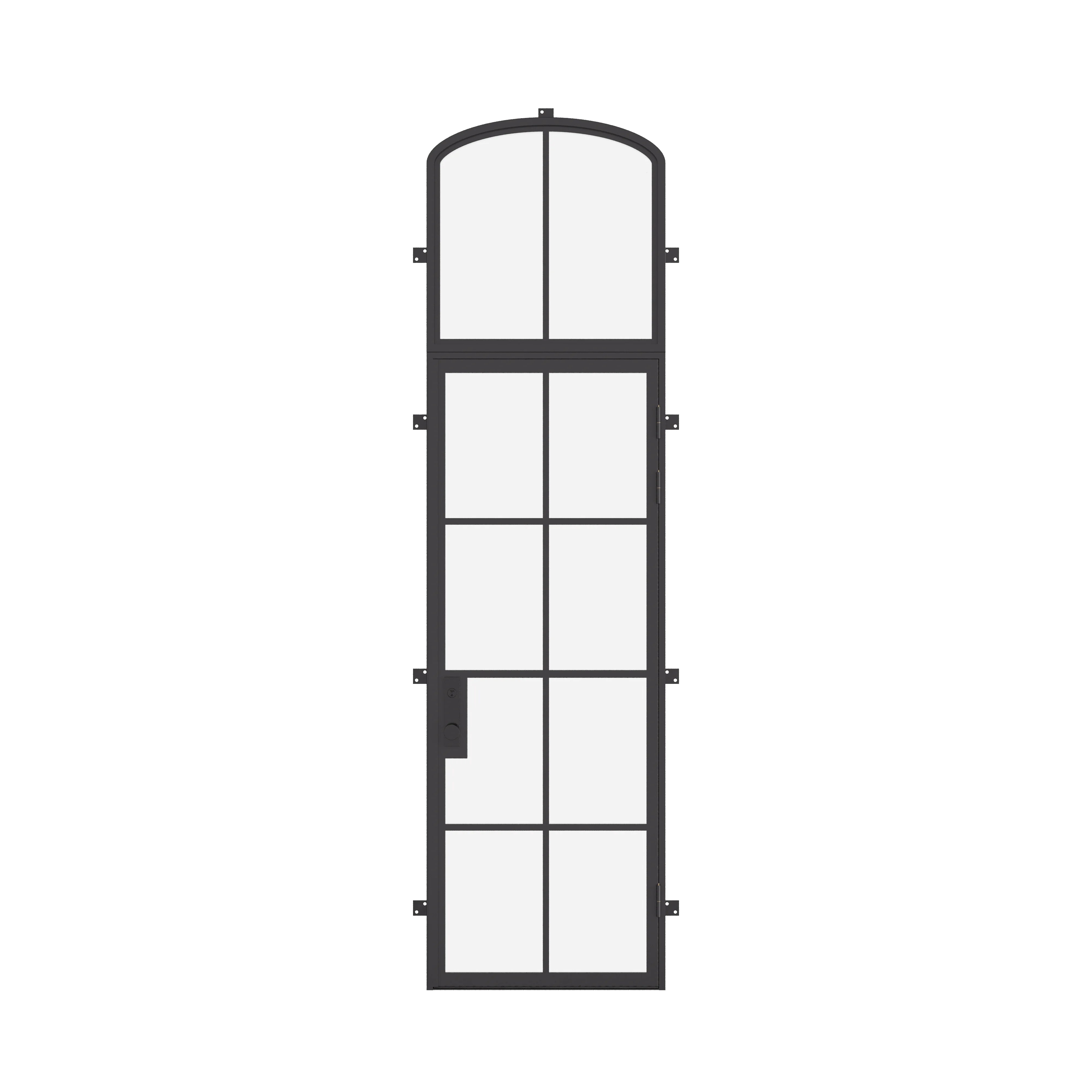 Single flat steel entry door with mini arch transom window, architectural cold-rolled steel and tempered glass
