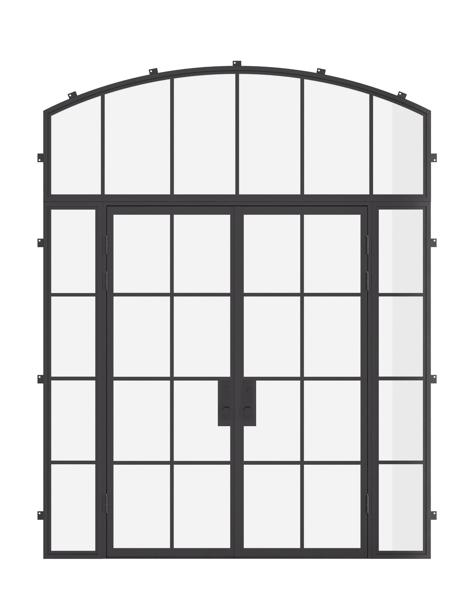 Air 5 double flat exterior door with side windows and arch top window in cold-rolled architectural steel with dual-pane glass