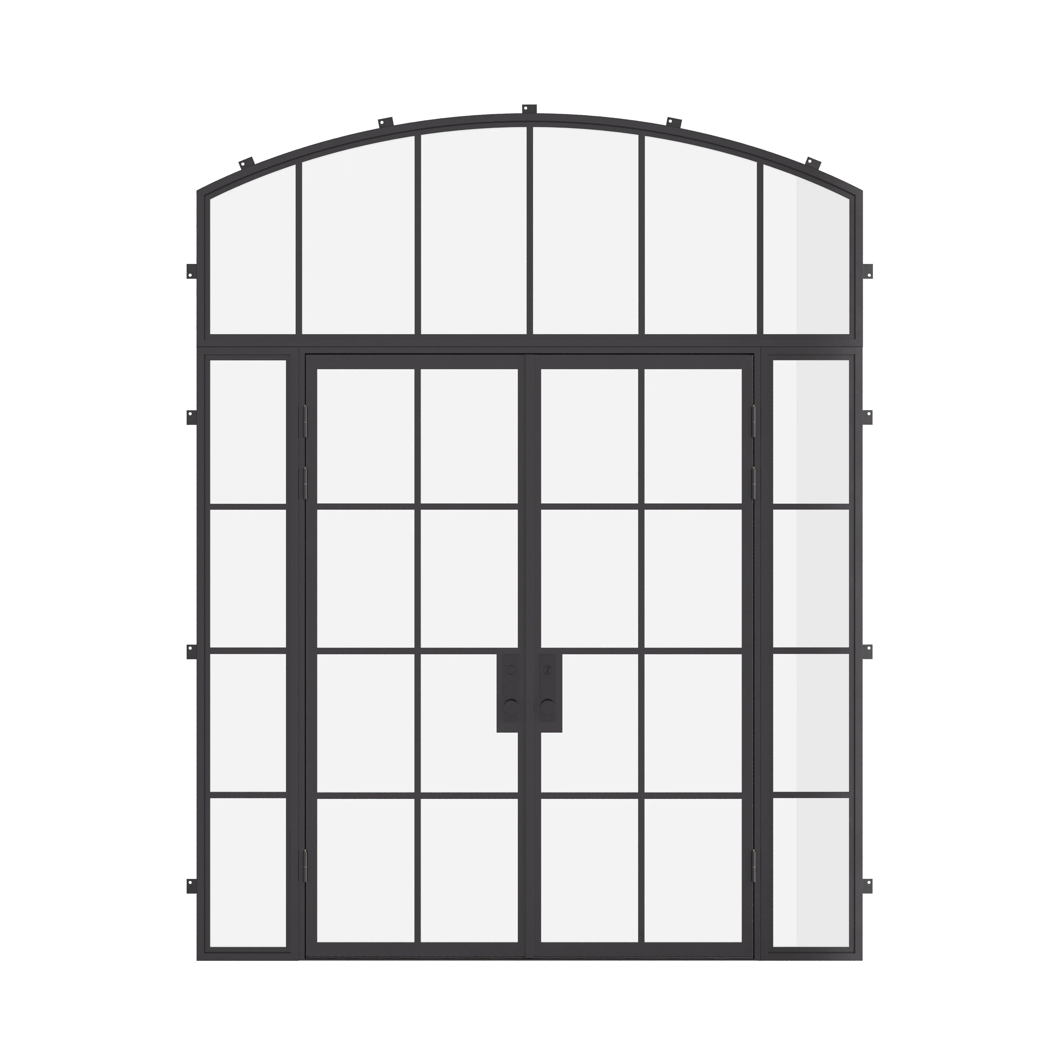 Air 5 double flat exterior door with side windows and arch top window in cold-rolled architectural steel with dual-pane glass