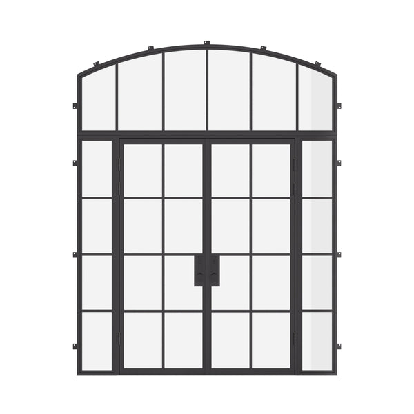 Air 5 double flat exterior door with side windows and arch top window in cold-rolled architectural steel with dual-pane glass
