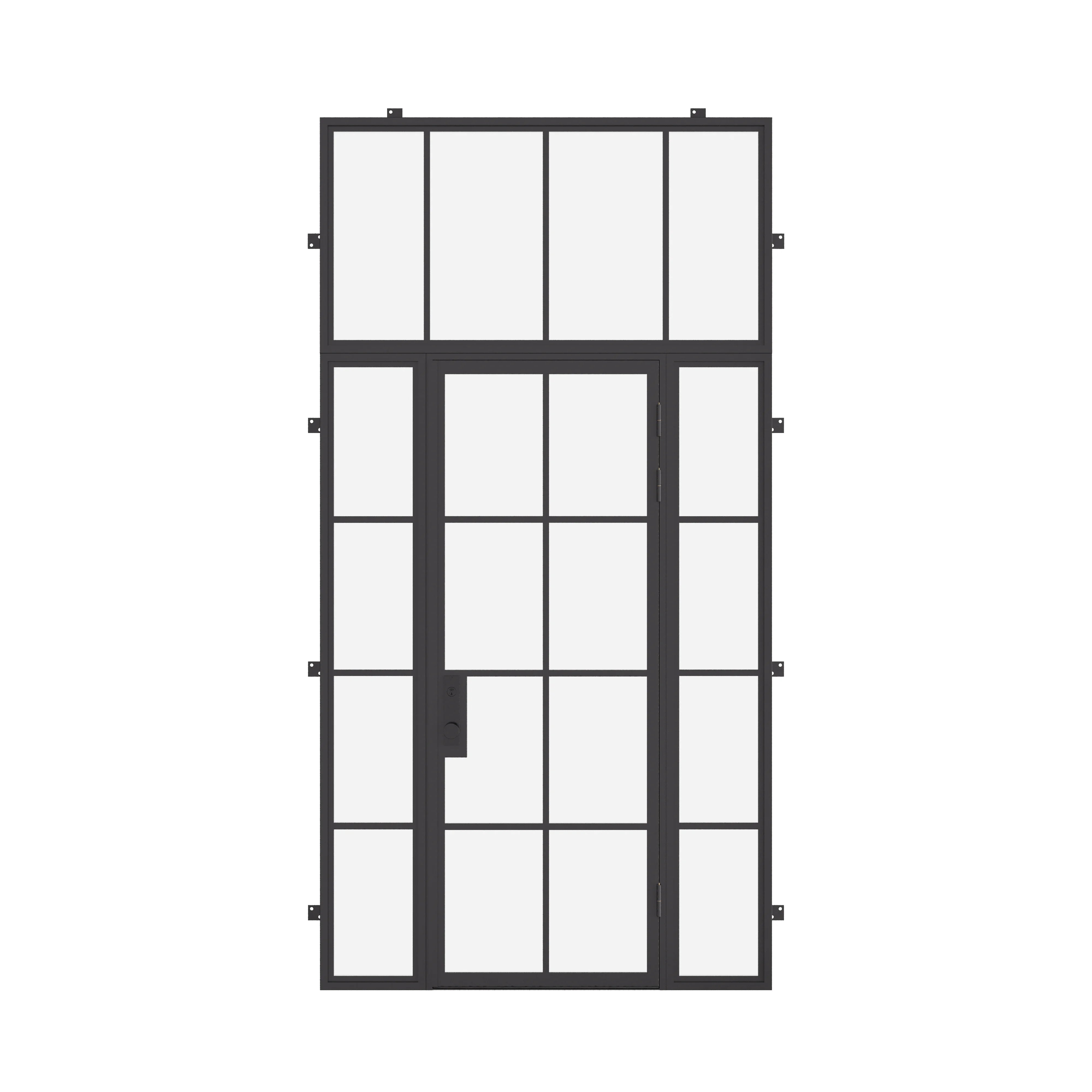 single flat steel door with sidelights and transom and thermal break construction