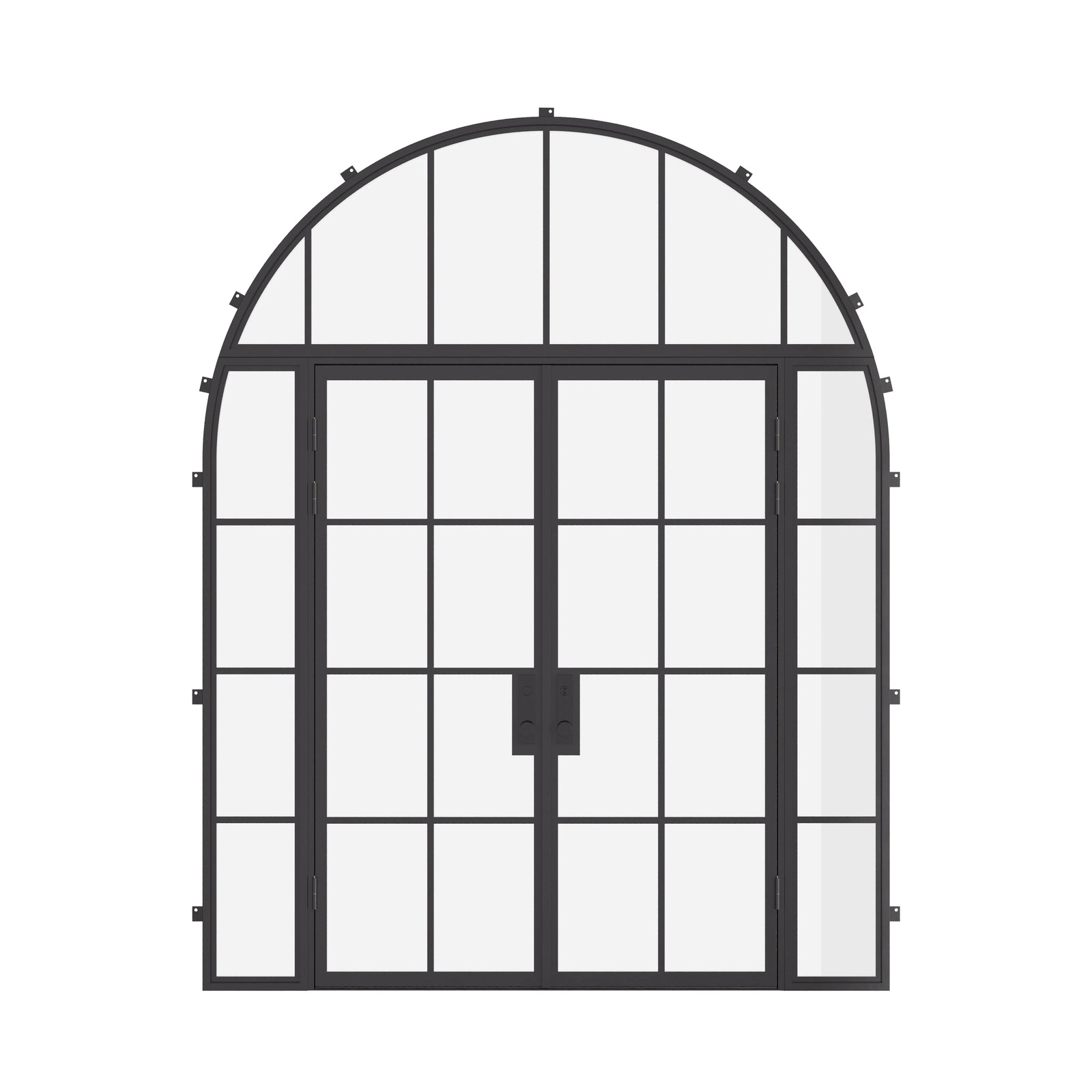 double flat steel doors with sidelights and full arch transom and thermal break