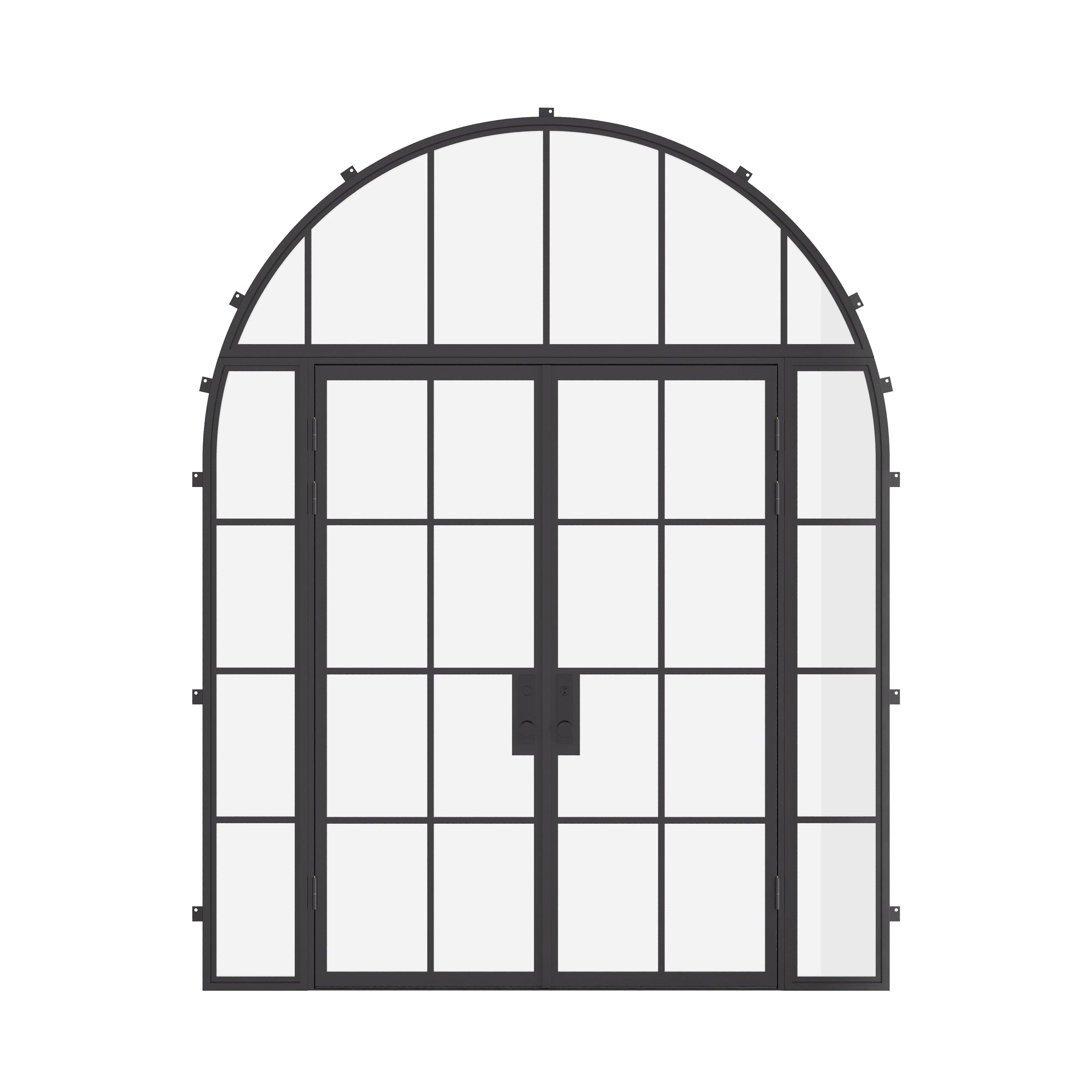 double flat steel doors with sidelights and full arch transom and thermal break
