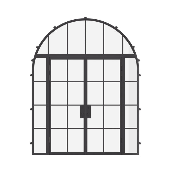 double flat steel doors with sidelights and full arch transom and thermal break