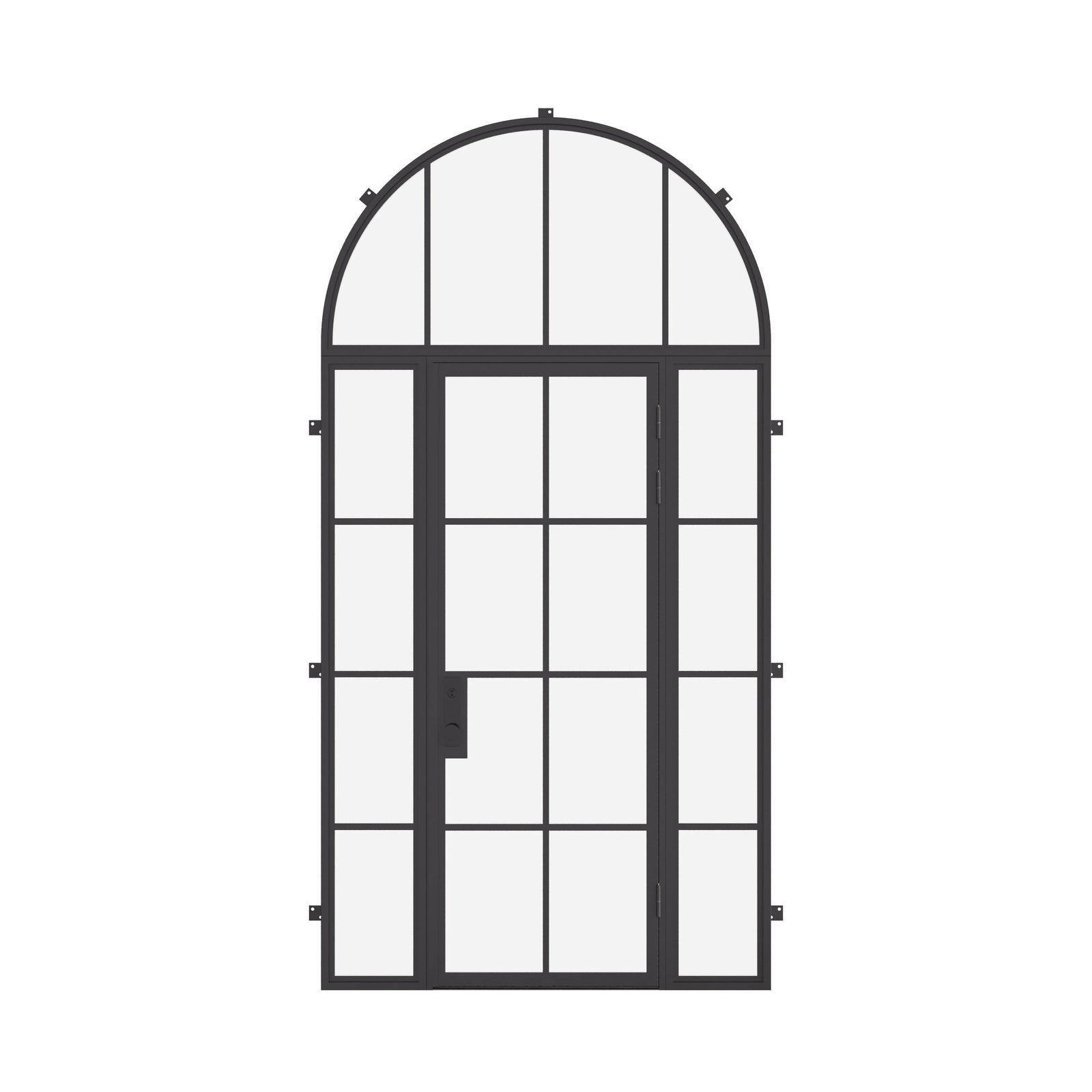 single flat steel entry door with sidelights and full arch transom and thermal break
