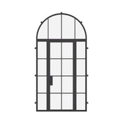 single flat steel entry door with sidelights and full arch transom and thermal break